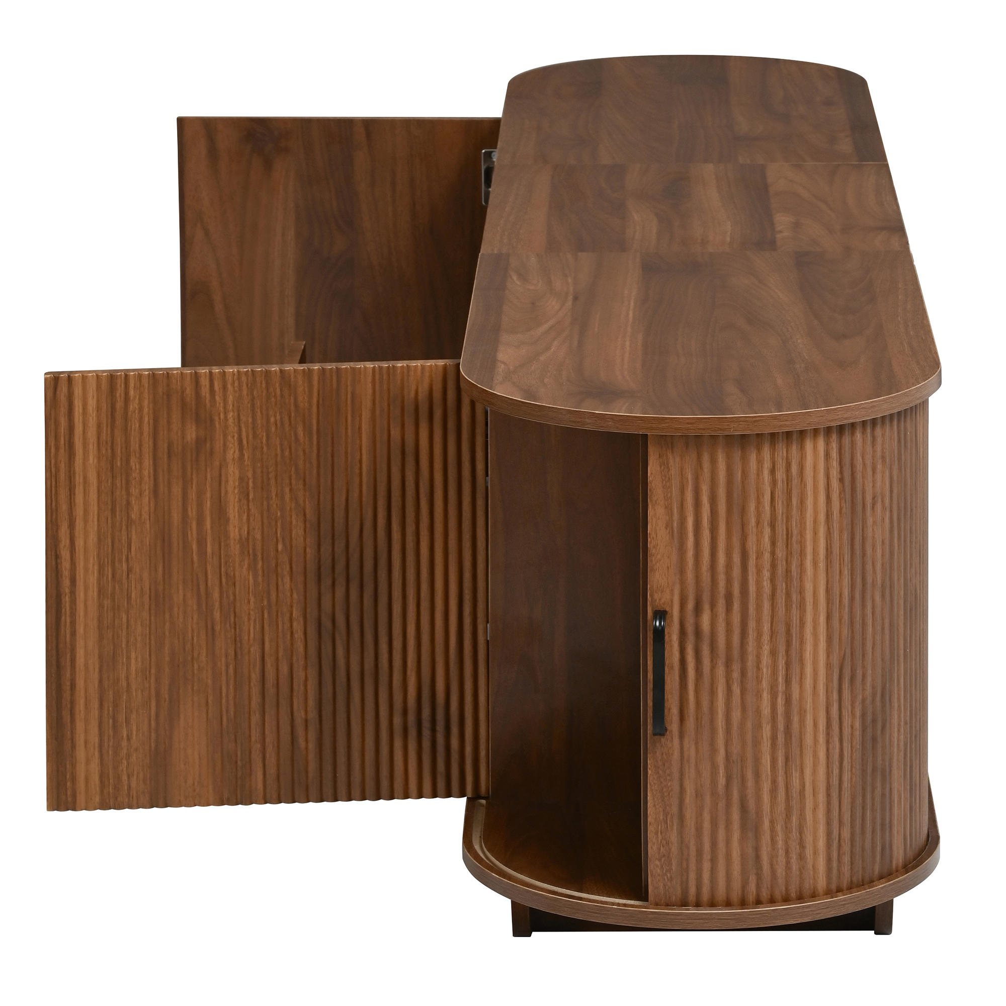 Meuble TV 180 cm, meuble bas de salon avec 4 portes, 1 tiroir, passe-câbles, façade ondulée 3D, panneaux de particules et MDF, Effet noyer