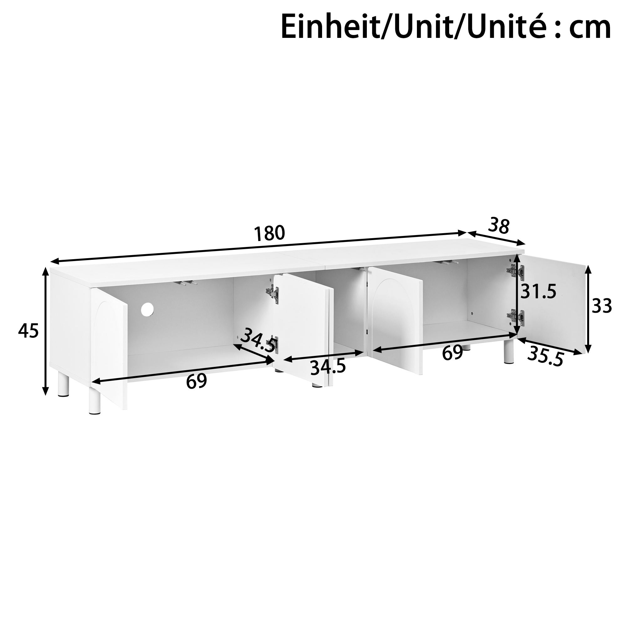 Meuble TV, rangement intégré, 180 x 38 x 45 cm, métal et MDF, blanc - vue 2