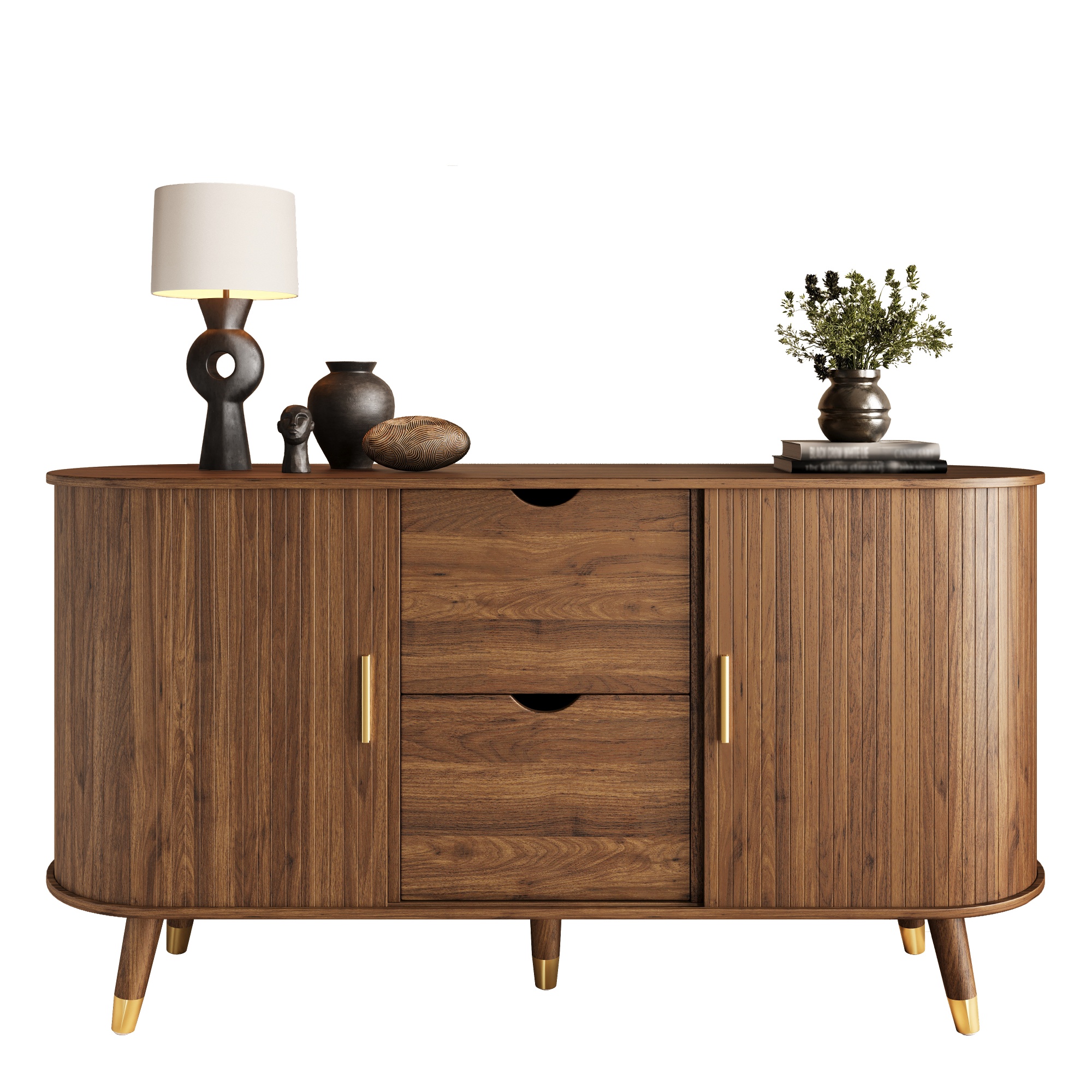 Buffet bas 140 cm, meuble de rangement avec 2 portes coulissantes, 2 tiroirs, étagères réglables, MDF, Effet noyer
