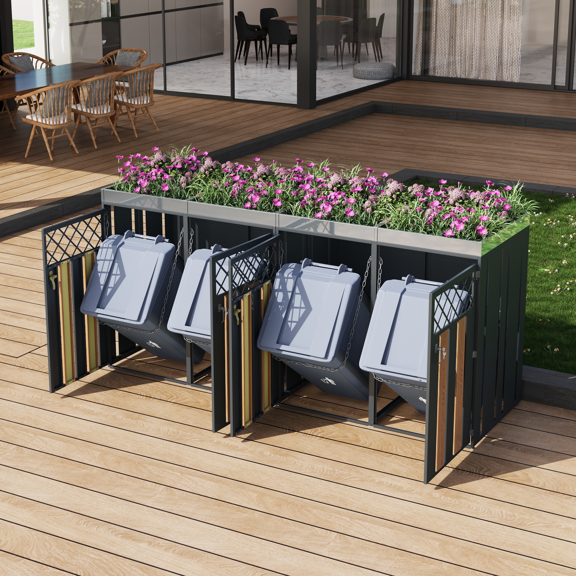 Bac à fleurs argenté ouvert en partie supérieure, associe rangement poubelles et déco végétale