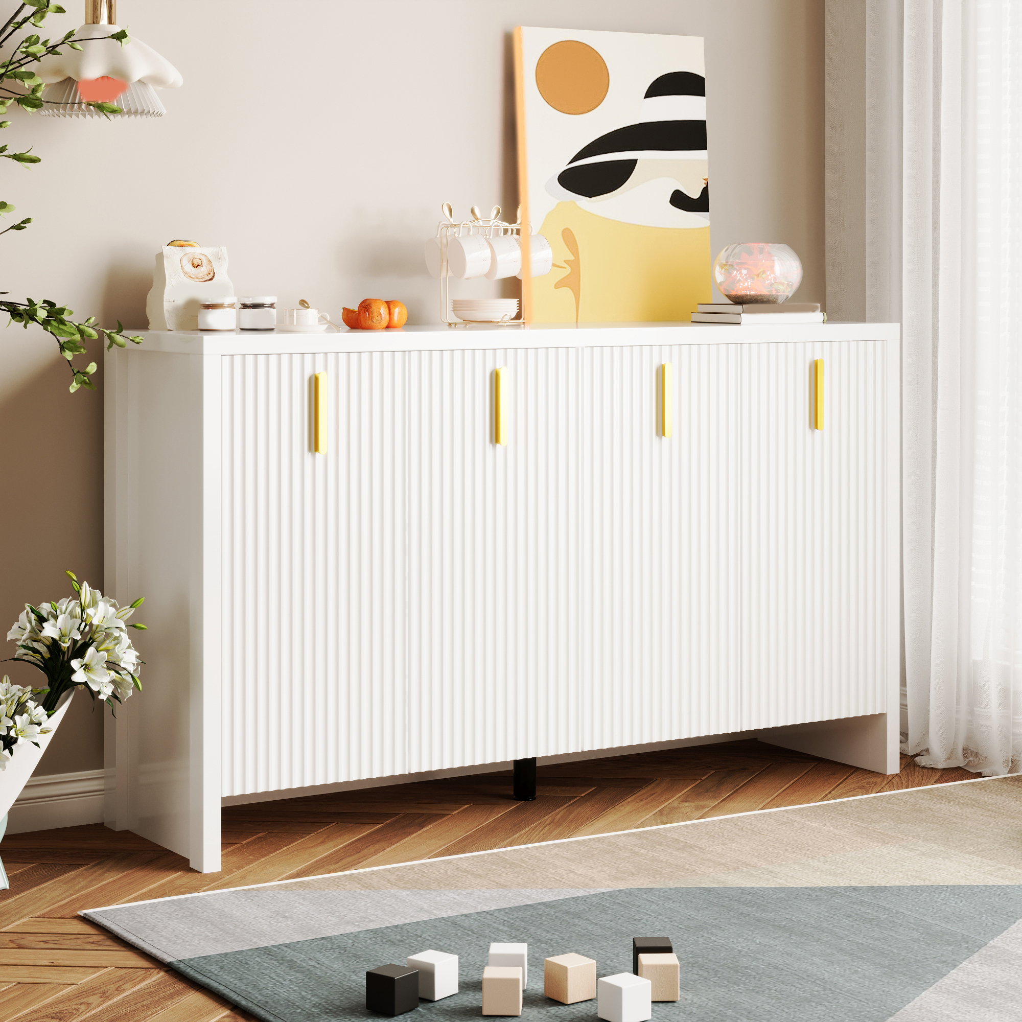 Buffet, rangement intégré, 140 x 38 x 80 cm, panneaux de particules, blanc - vue 5