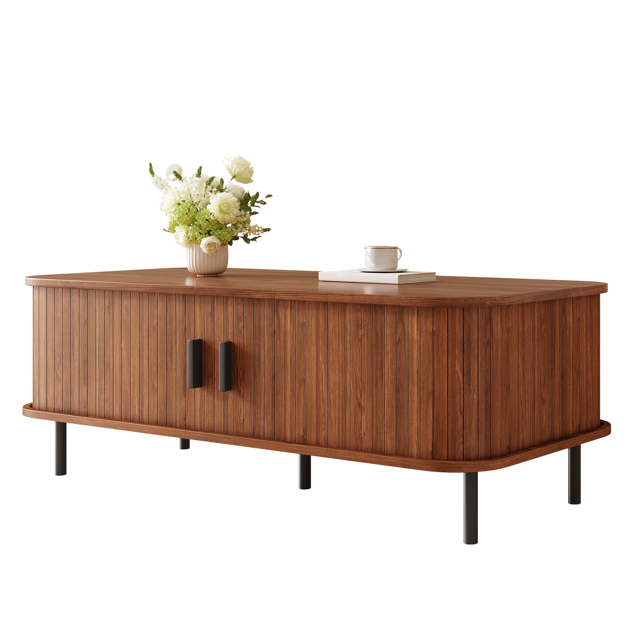Table basse ronde, table de salon 120 x 55 x 45 cm avec portes coulissantes, façades à lattes, panneaux de particules et MDF, Effet noyer