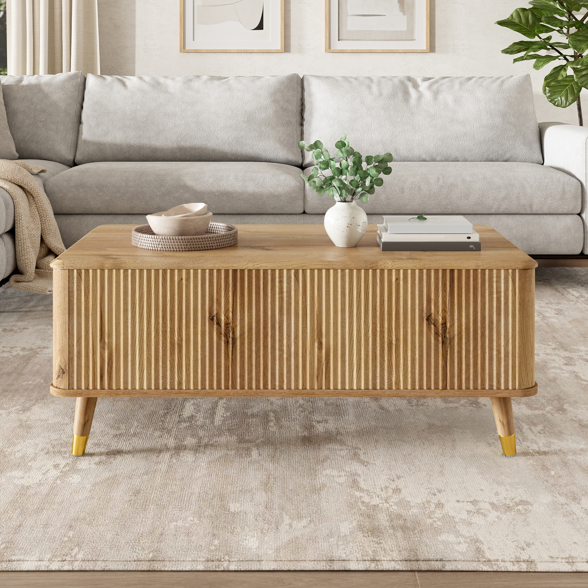 Table basse, hauteur réglable, rangement intégré, 97 x 52 x 56,5 cm, bois et MDF, bois naturel - vue 4