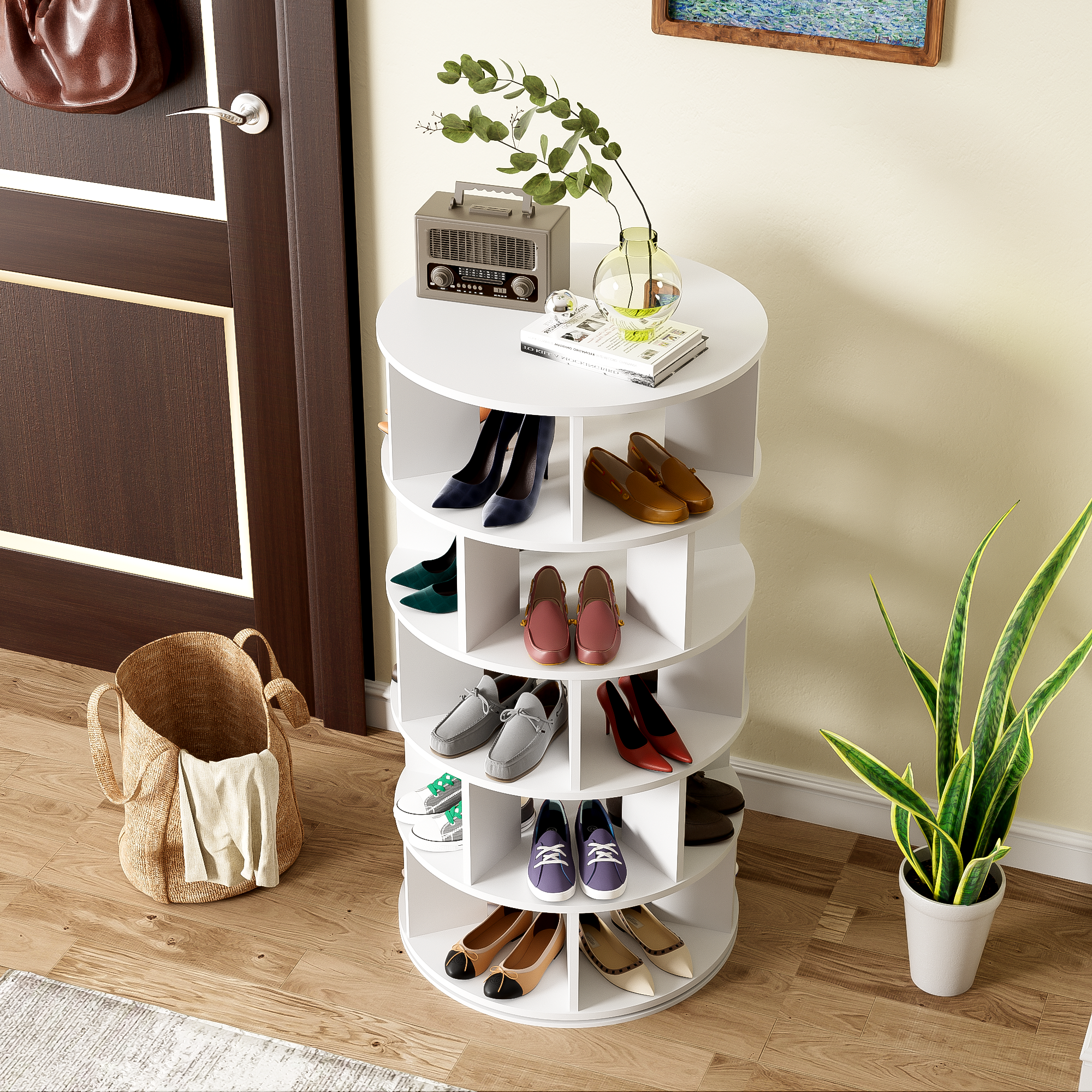 Schuhregal, drehbarer Winkel, weiß rund, 5 Ebenen,