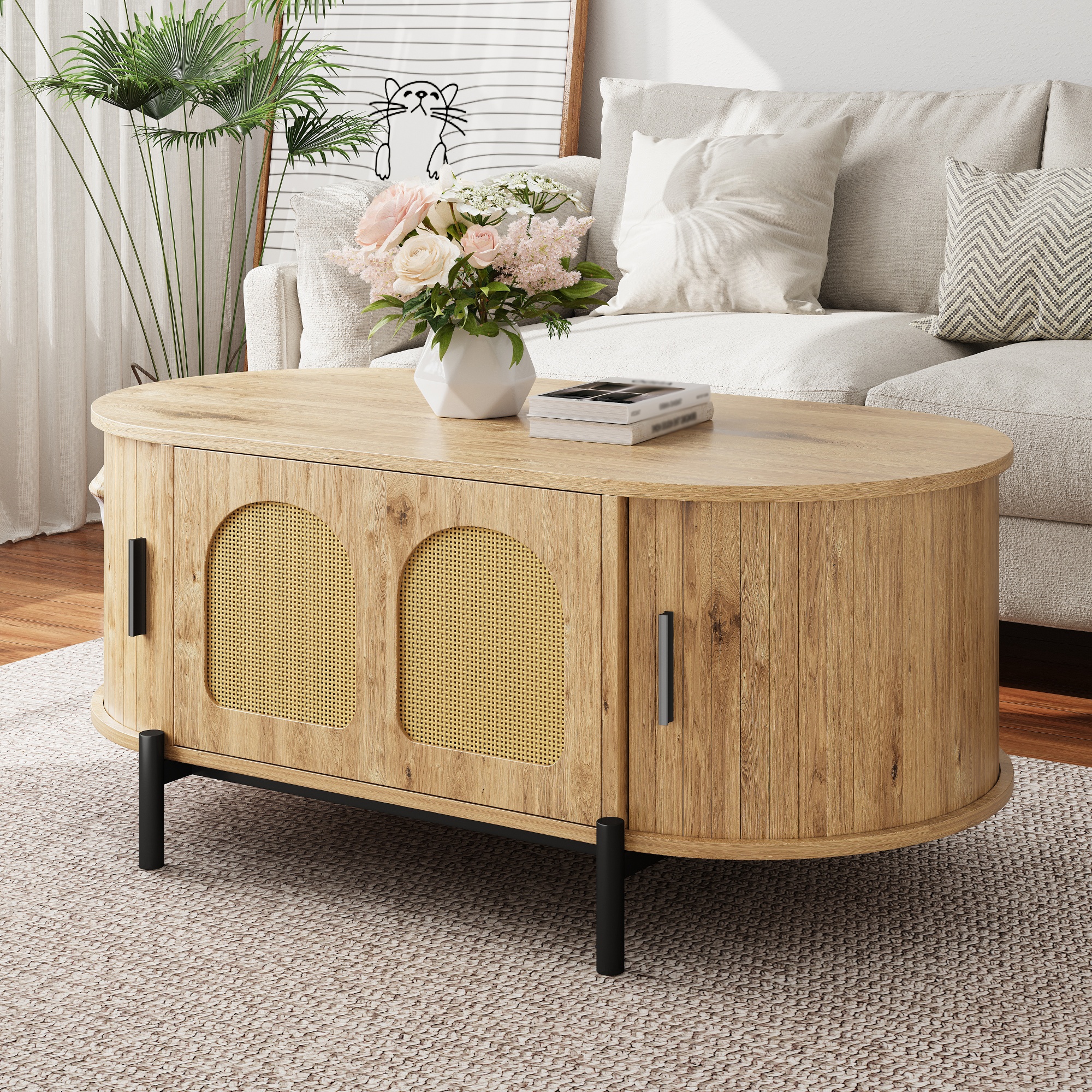 Ovaler Couchtisch mit Rattan, Schiebetüren, Holzop