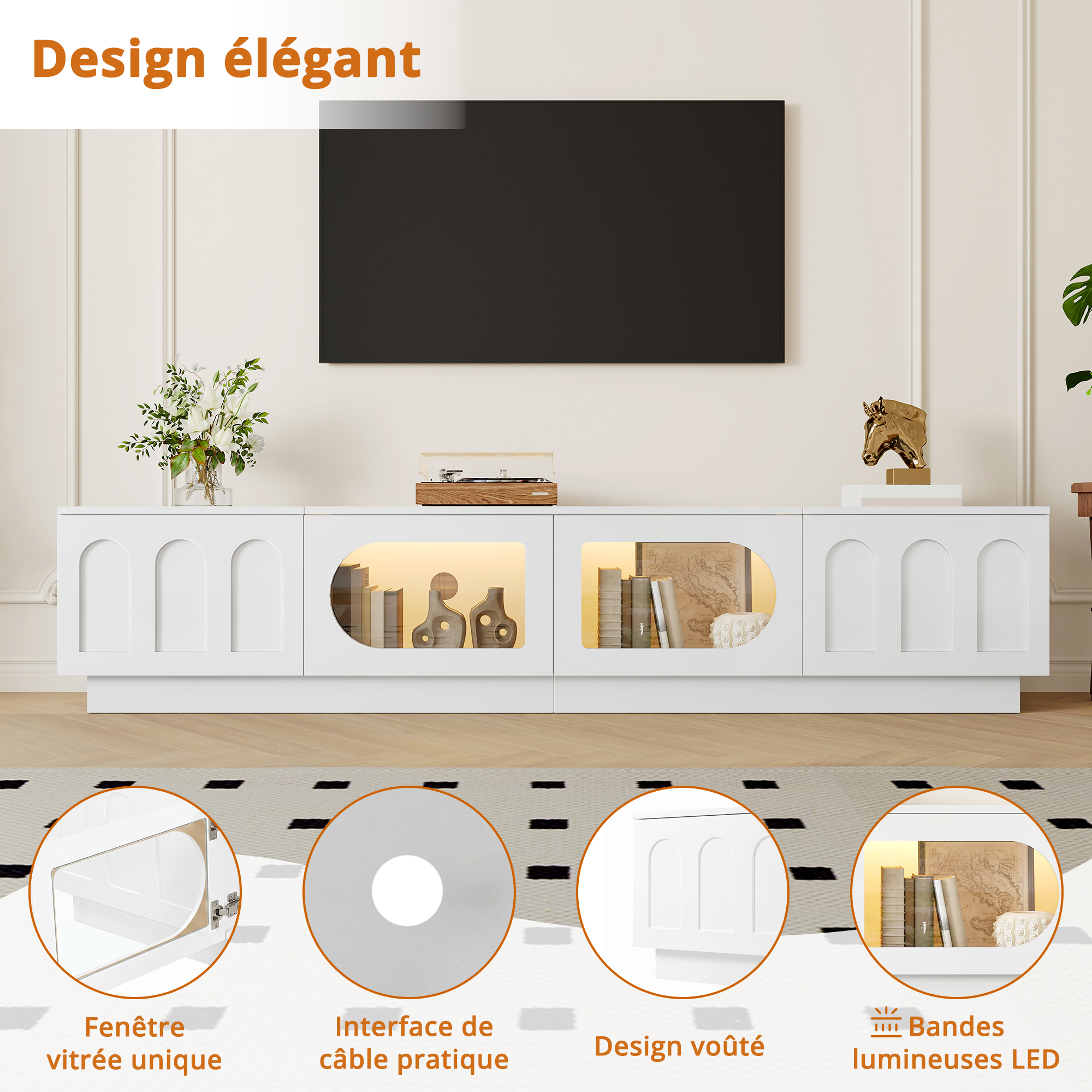 Meuble TV blanc avec portes vitrées LED