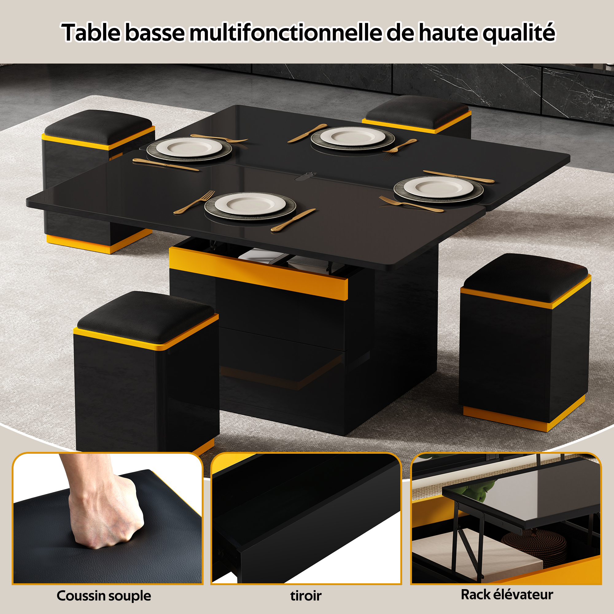 Table basse avec 4 tabourets assortis