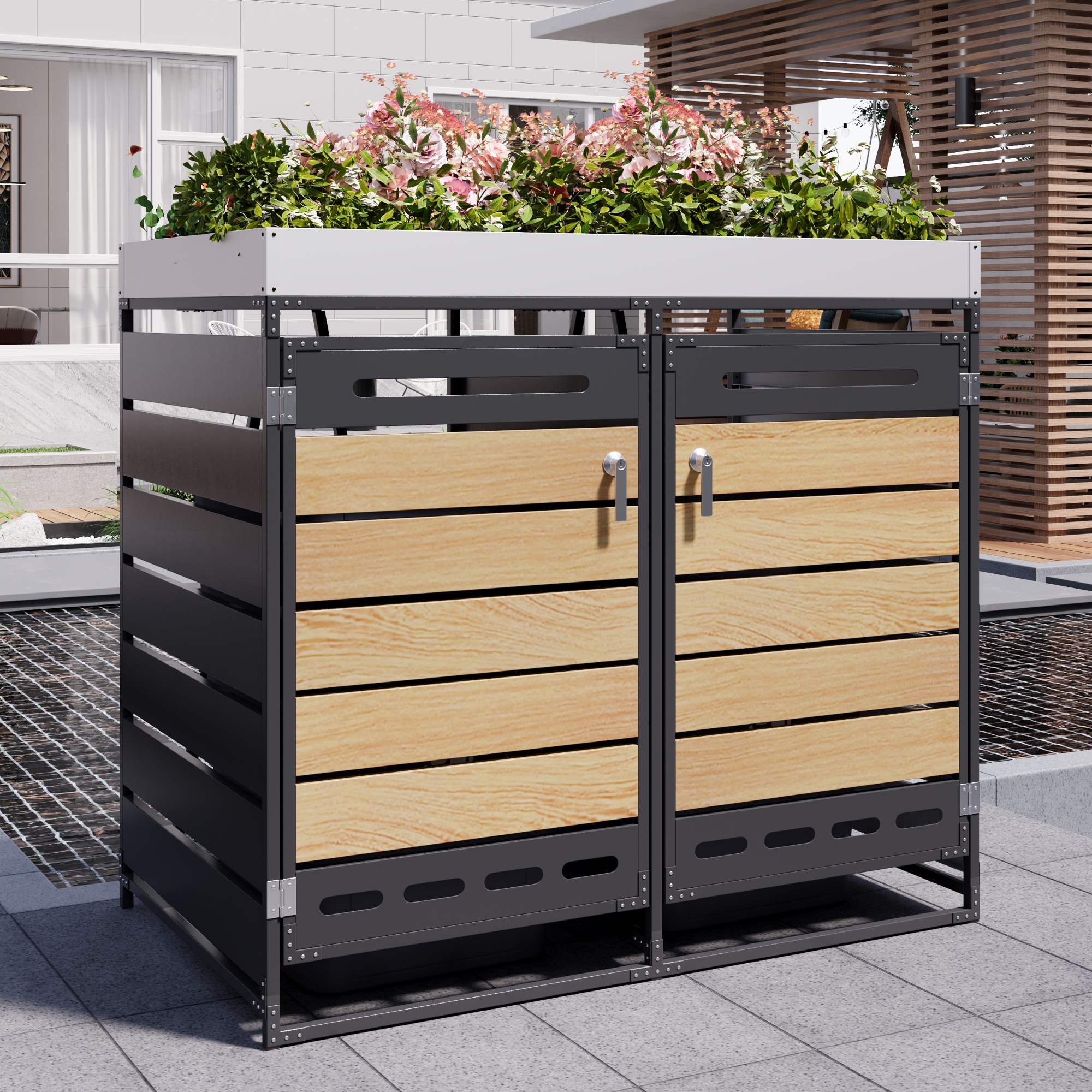 Caisson de rangement poubelles métal vue générale