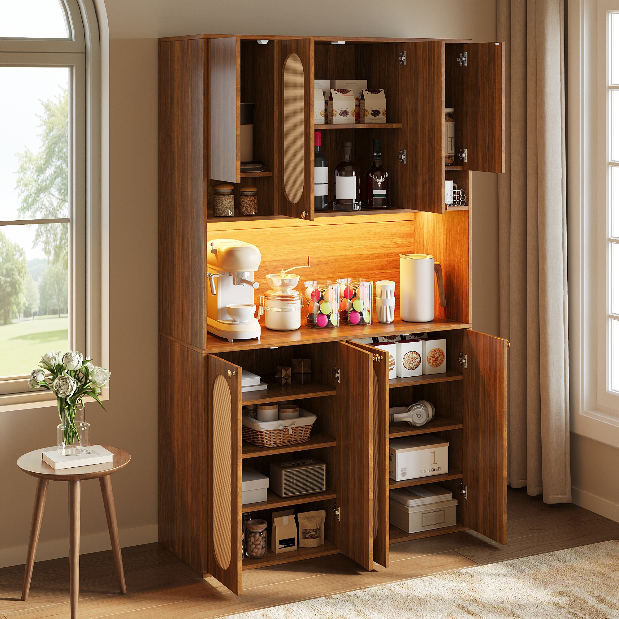 Buffet, éclairage led, prises et recharge intégrées, détails en rotin, 106 x 40 x 178 cm, rotin et MDF, bois naturel - vue 4