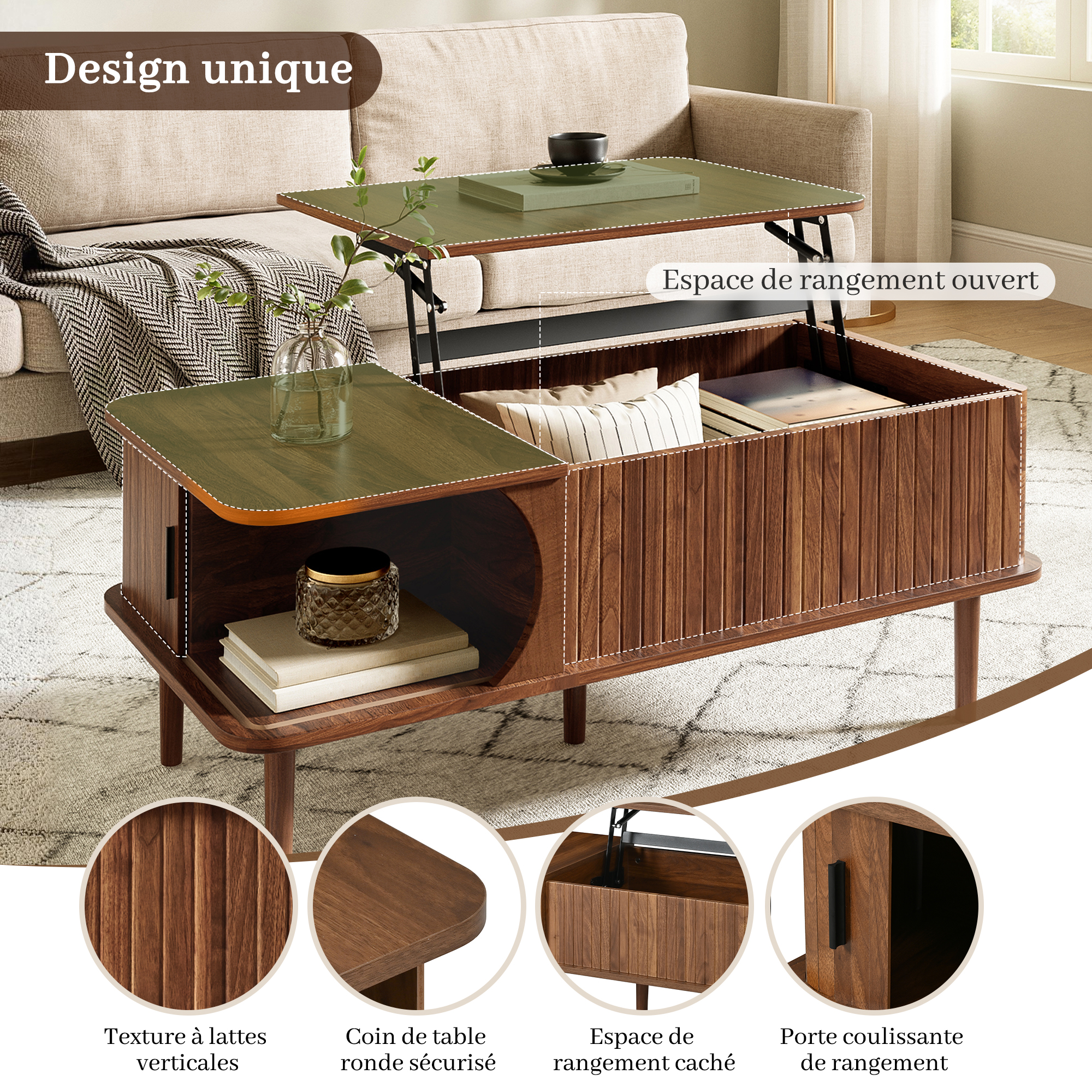Porte coulissante modulable de la table basse avec rangement