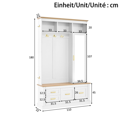 Dimensions du vestiaire d’entrée blanc avec miroir et LED