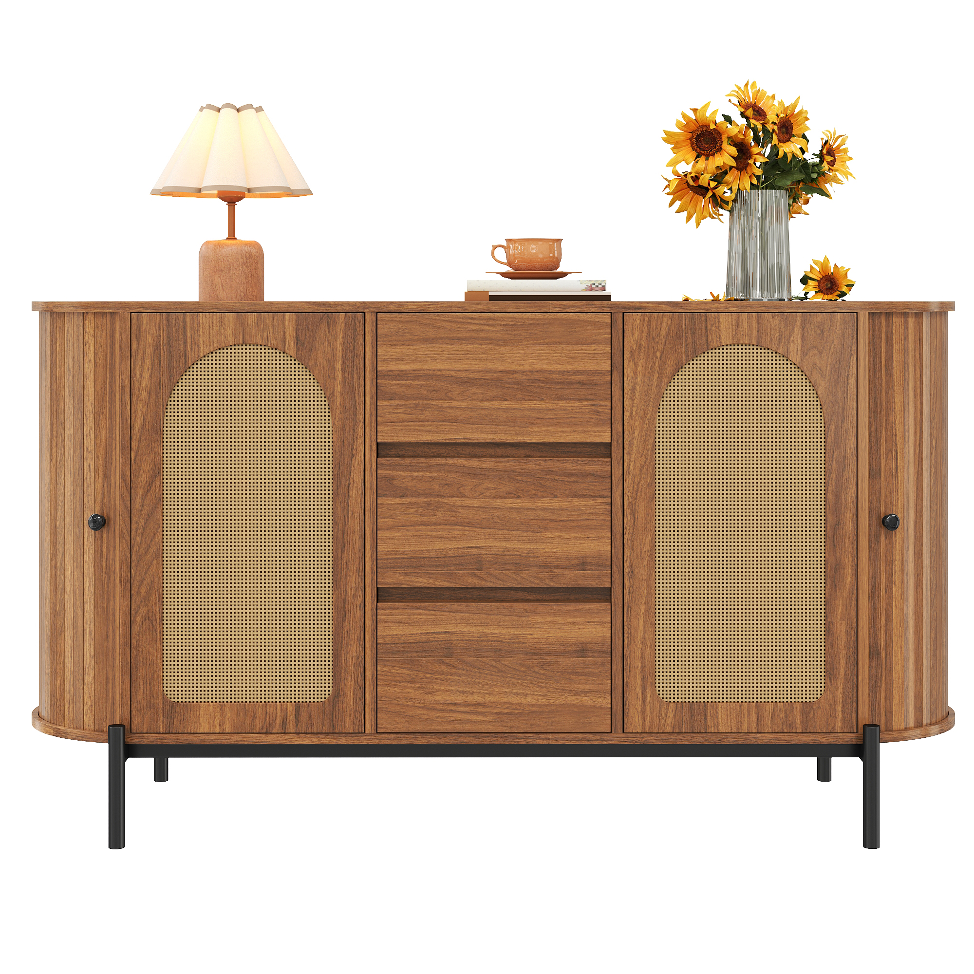Ovaler Sideboard mit Rattan, Schiebetüren, Türen u