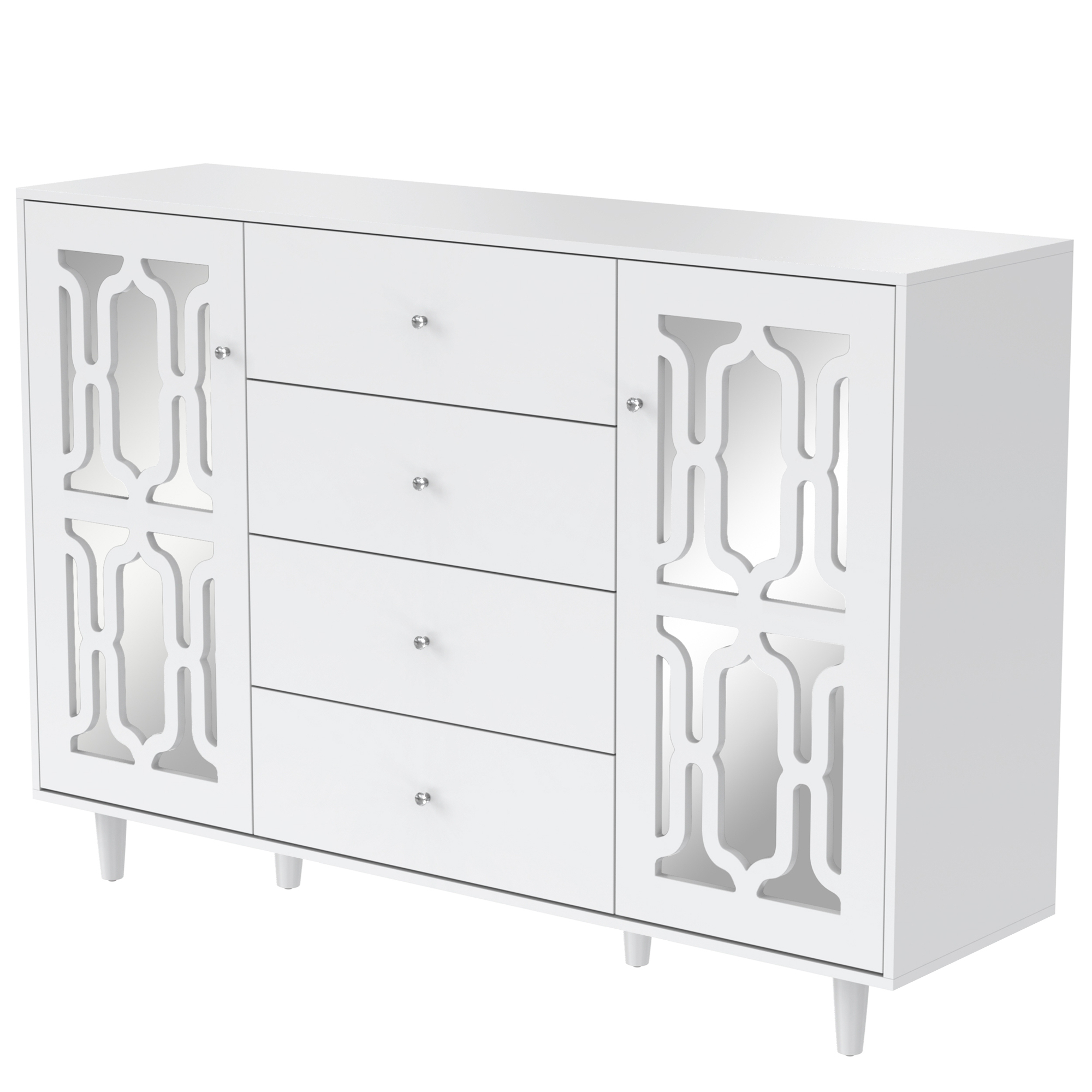 Buffet blanc avec surface miroir, poignée verre cristal, 2 portes + 4 tiroirs, pieds bois massif, dimensions 147.5×40×102 cm, pour salon et entrée, design luxueux, beaucoup de rangement, style élégant - image 3
