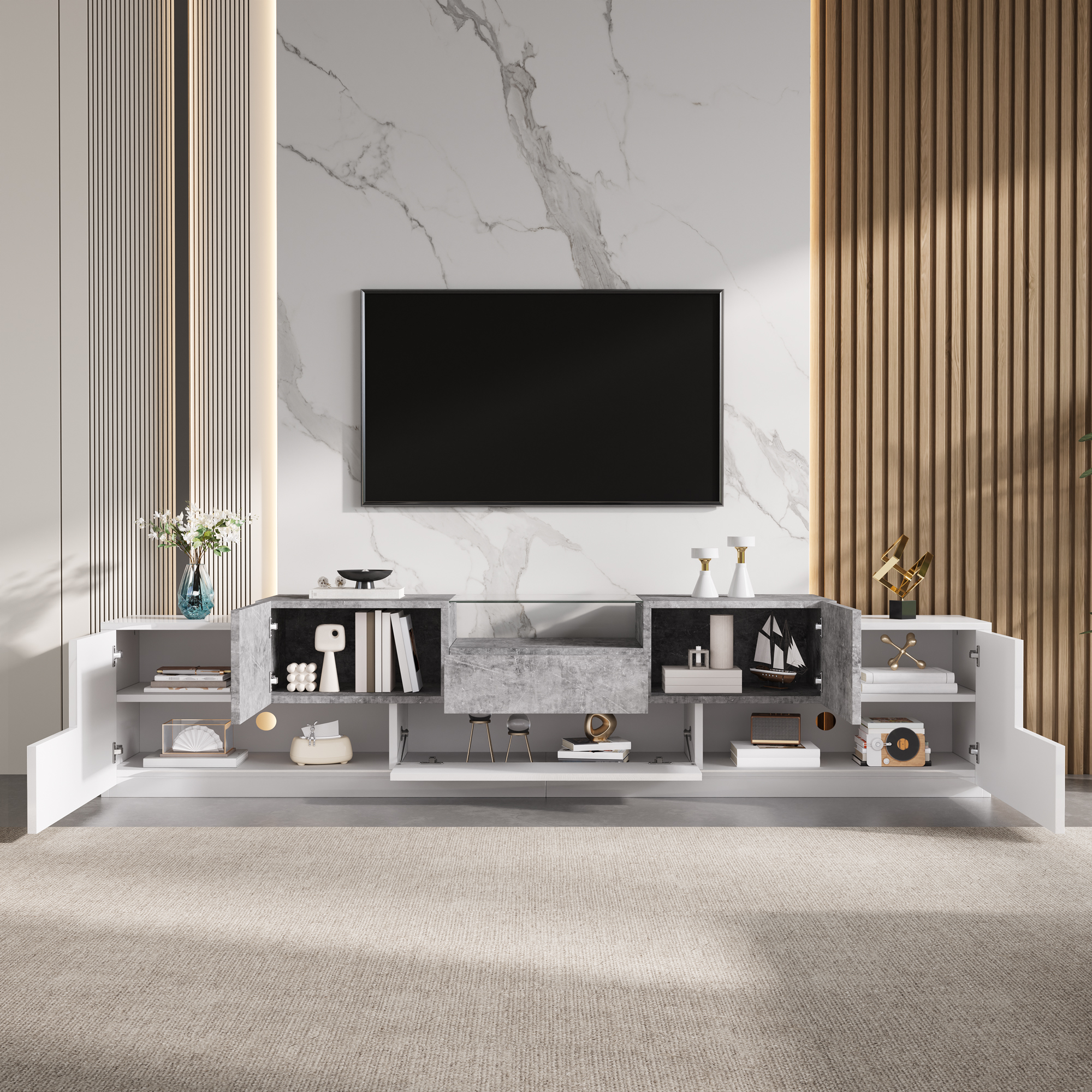 Meuble TV 200 cm, meuble bas de salon avec 4 portes, 1 tiroir, passe-câbles, finition partiellement brillante, Blanc et effet ciment gris