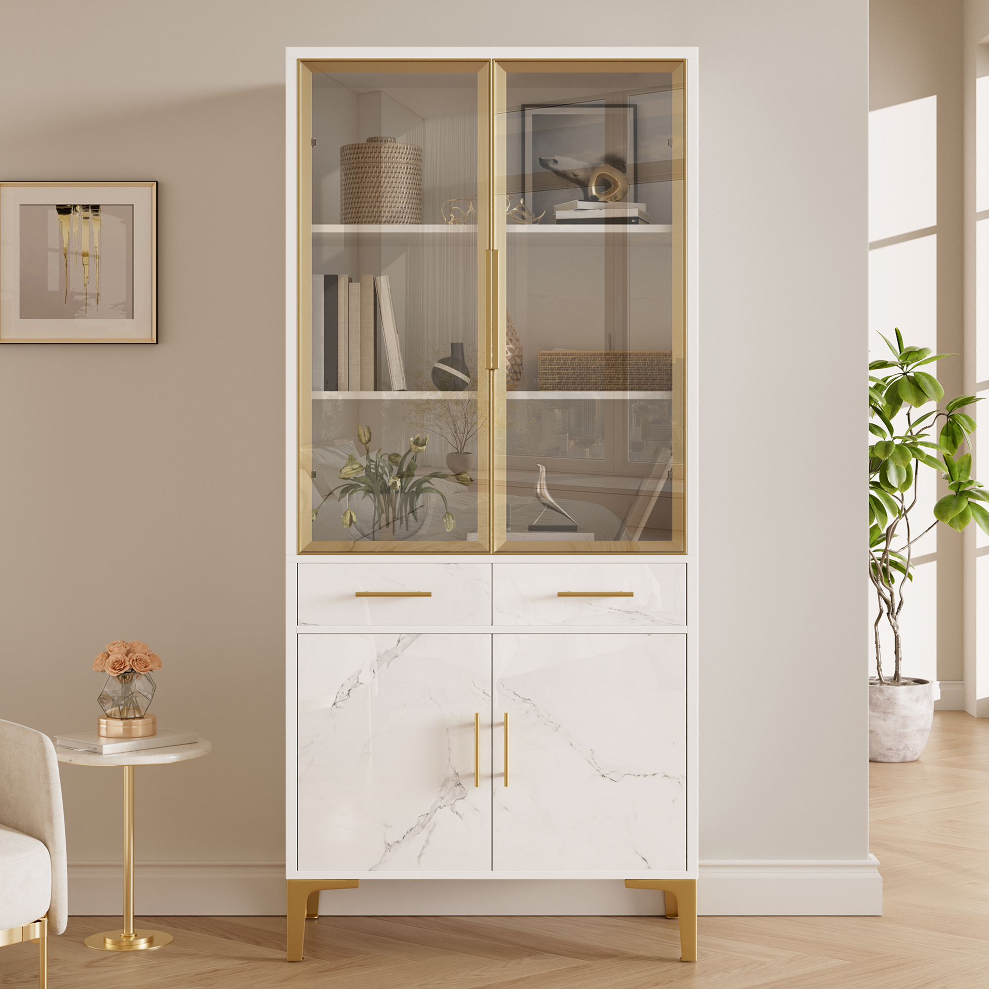 Vitrine 75 x 38 x 170 cm, LED, portes vitrées, MDF et panneaux de particules, Blanc - vue principale