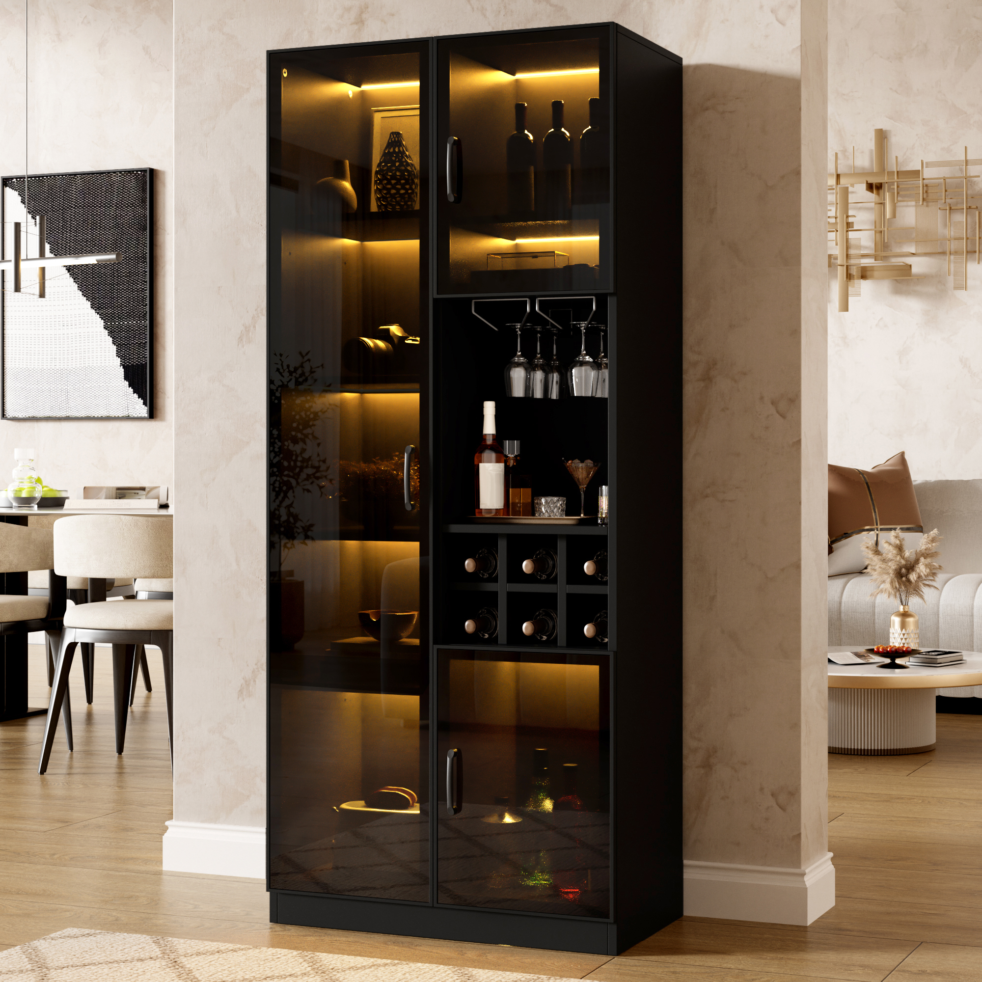 Vitrine 60 x 36 x 160 cm, LED, portes vitrées, MDF et panneaux de particules, Noir - vue principale