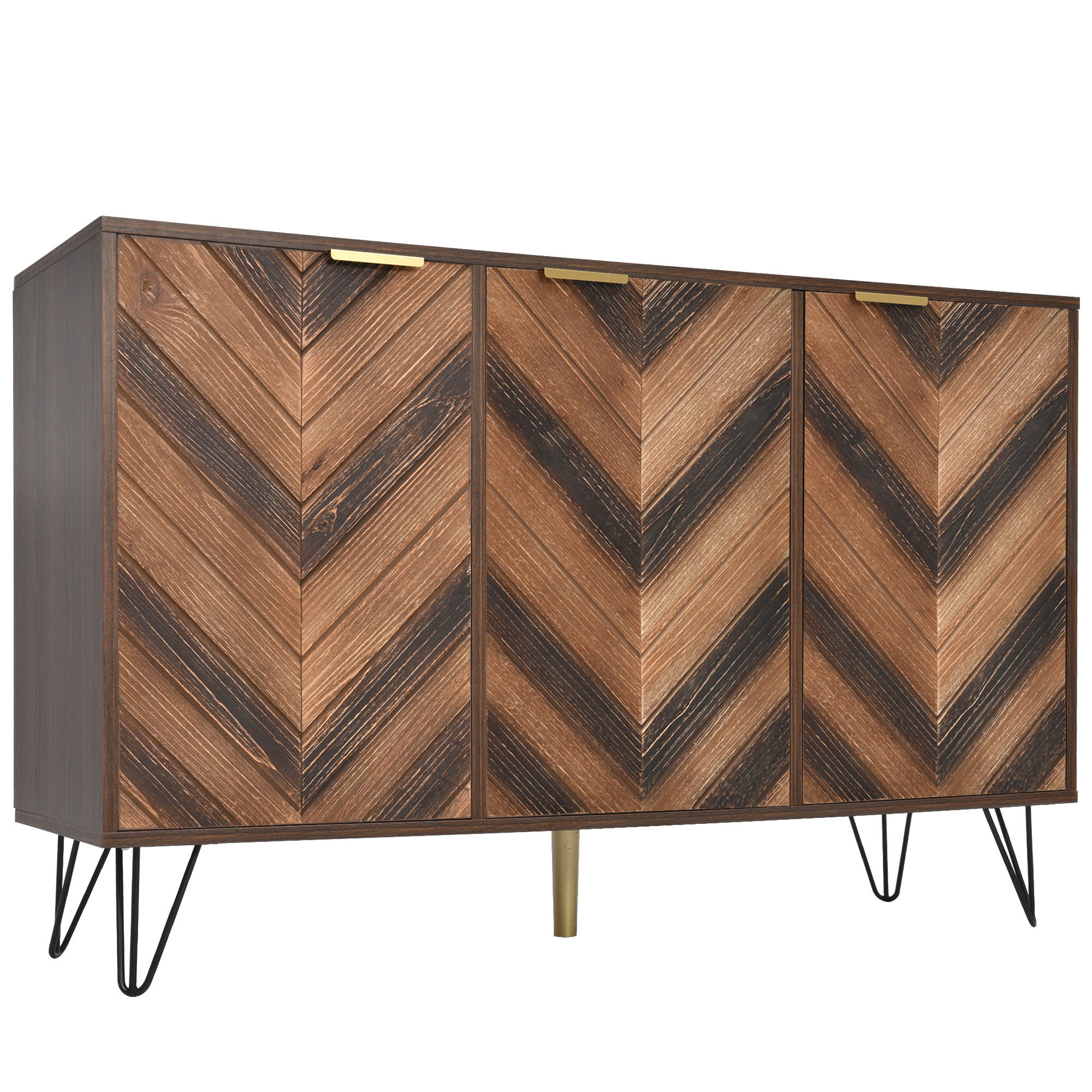 Buffet 3 portes 120×38×76,5 cm, poignées dorées, finition bois naturel, chaque porte avec compartiment et étagère réglable, design élégant moderne, beaucoup d'espace de rangement, pour salon et salle à manger - image 4