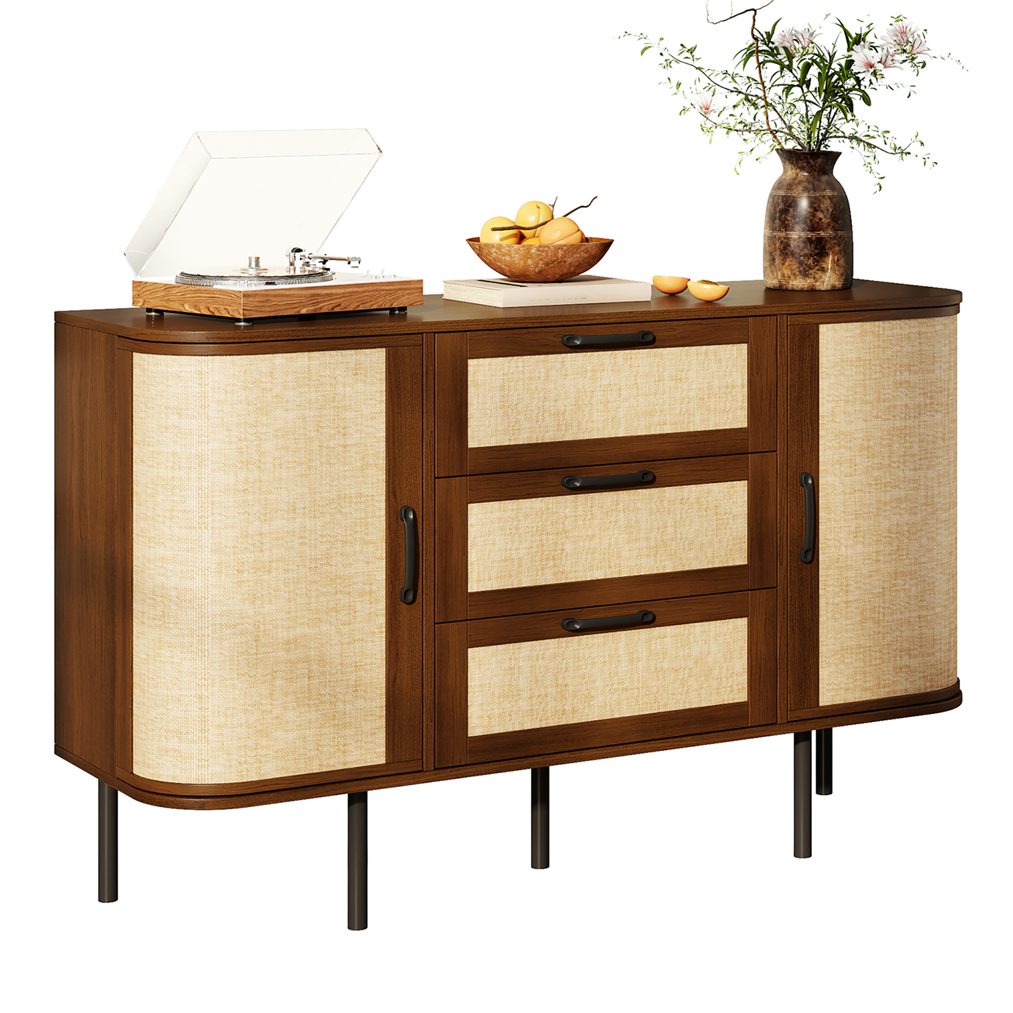 Buffet bas 120 cm, meuble de rangement avec 2 portes, 3 tiroirs, étagères réglables, MDF et métal, Effet noyer