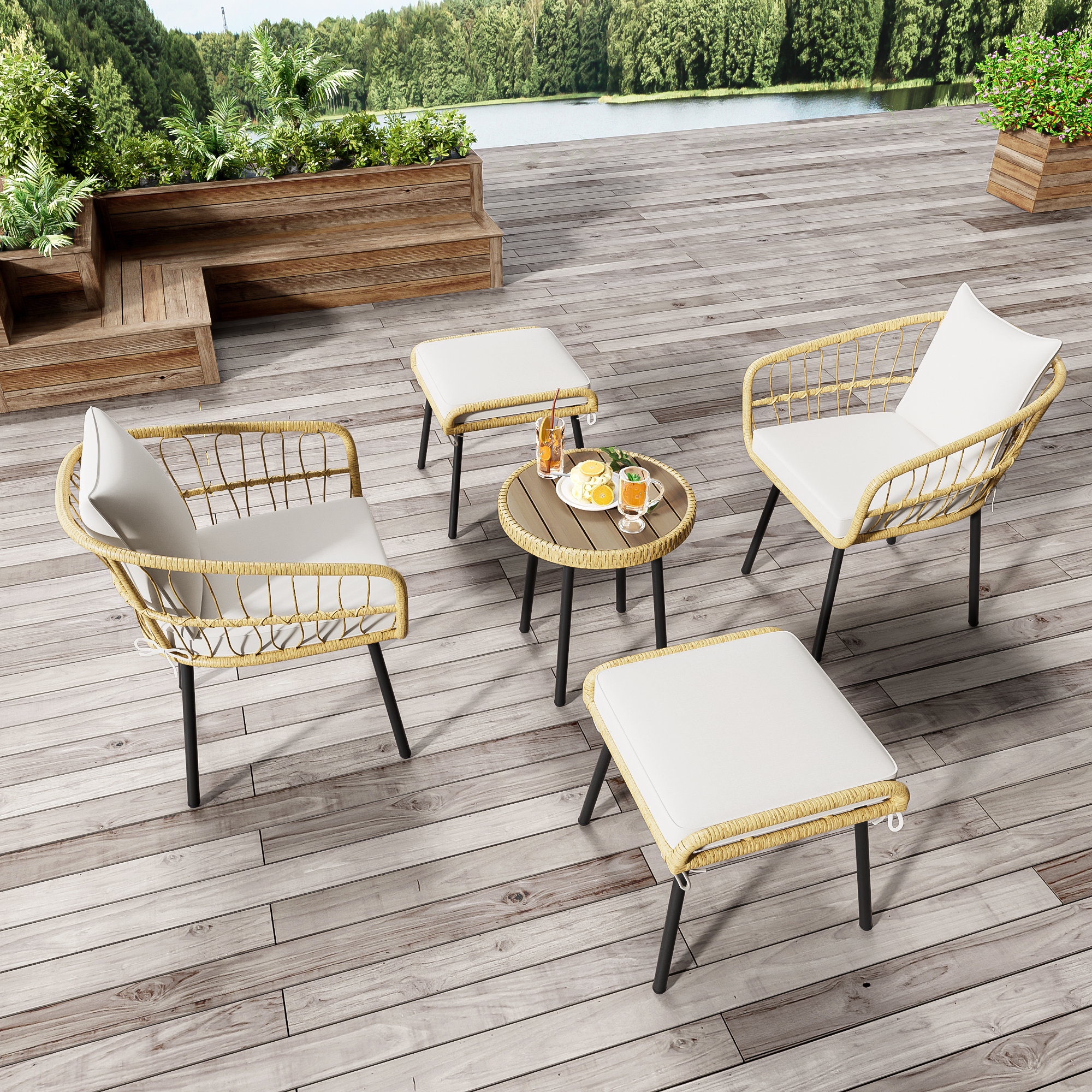 Table à manger, détails en rotin, rotin et tissu, bois naturel - vue 4