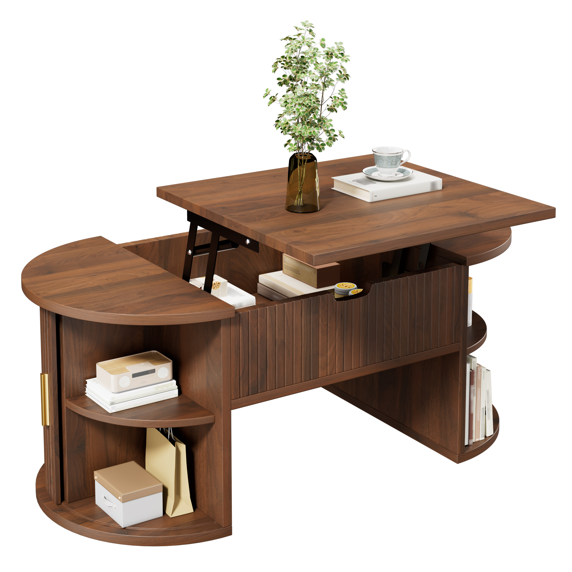 Plateau relevé et rangements ouverts de la table