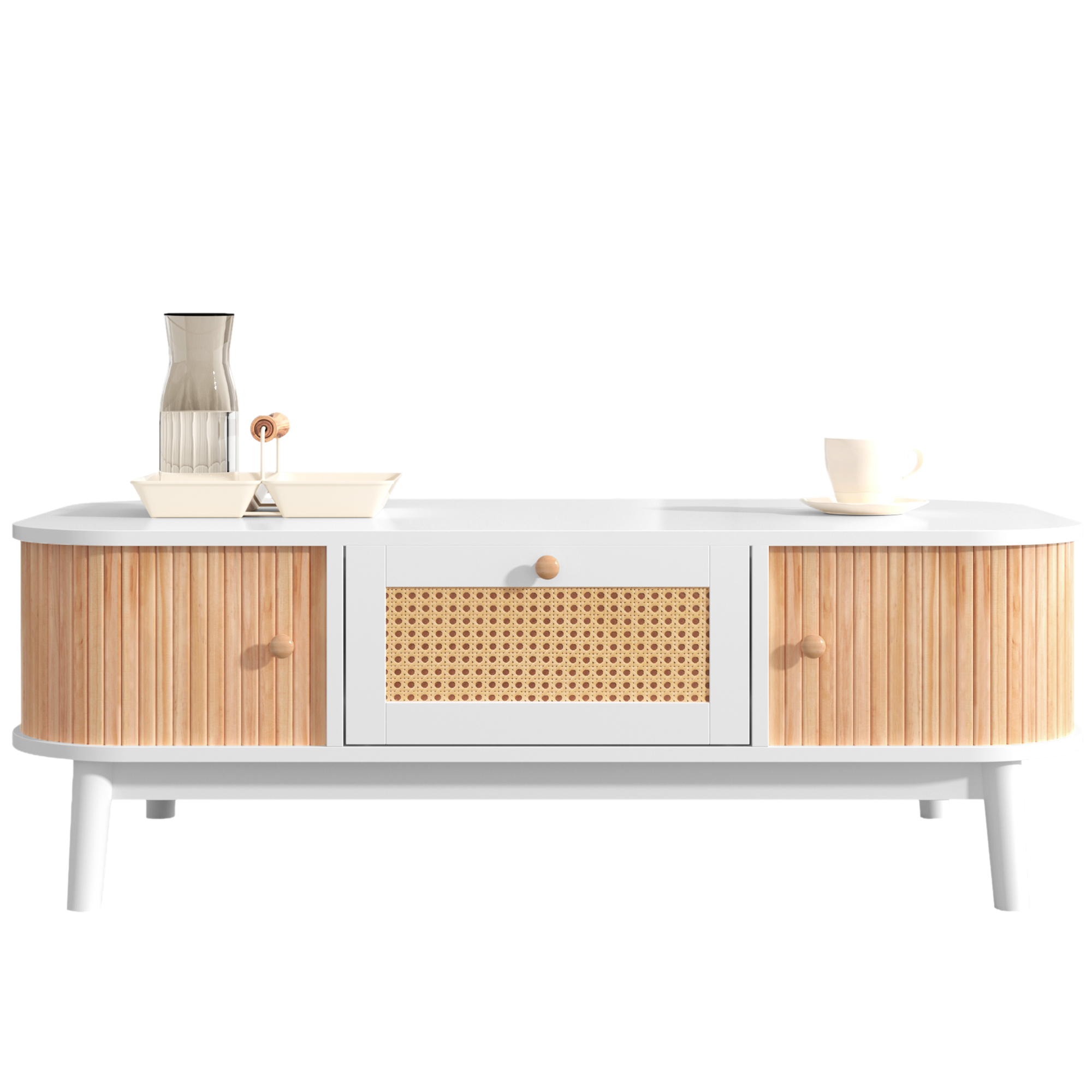 Table basse, avec tiroirs, détails en rotin, bois massif et rotin, blanc - vue 2