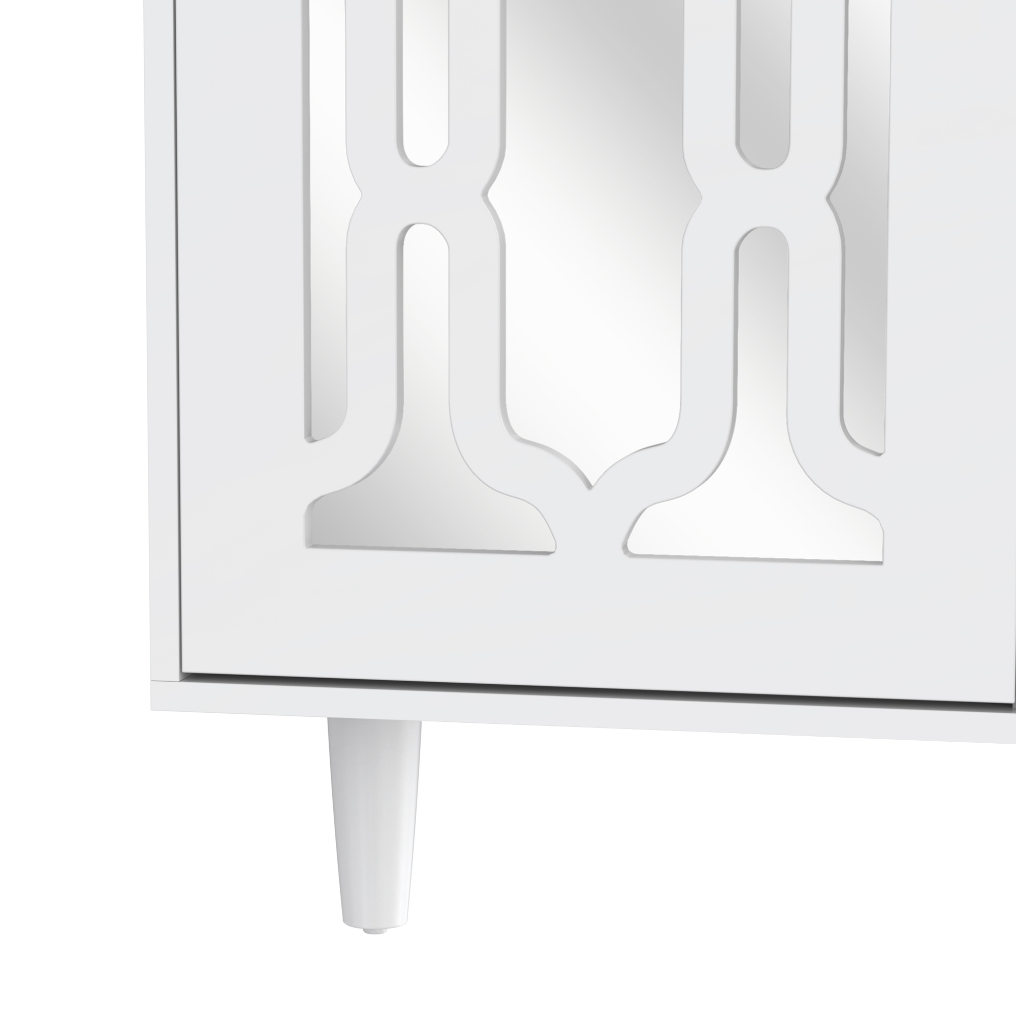 Buffet blanc avec surface miroir, poignée verre cristal, 2 portes + 4 tiroirs, pieds bois massif, dimensions 147.5×40×102 cm, pour salon et entrée, design luxueux, beaucoup de rangement, style élégant - image 15