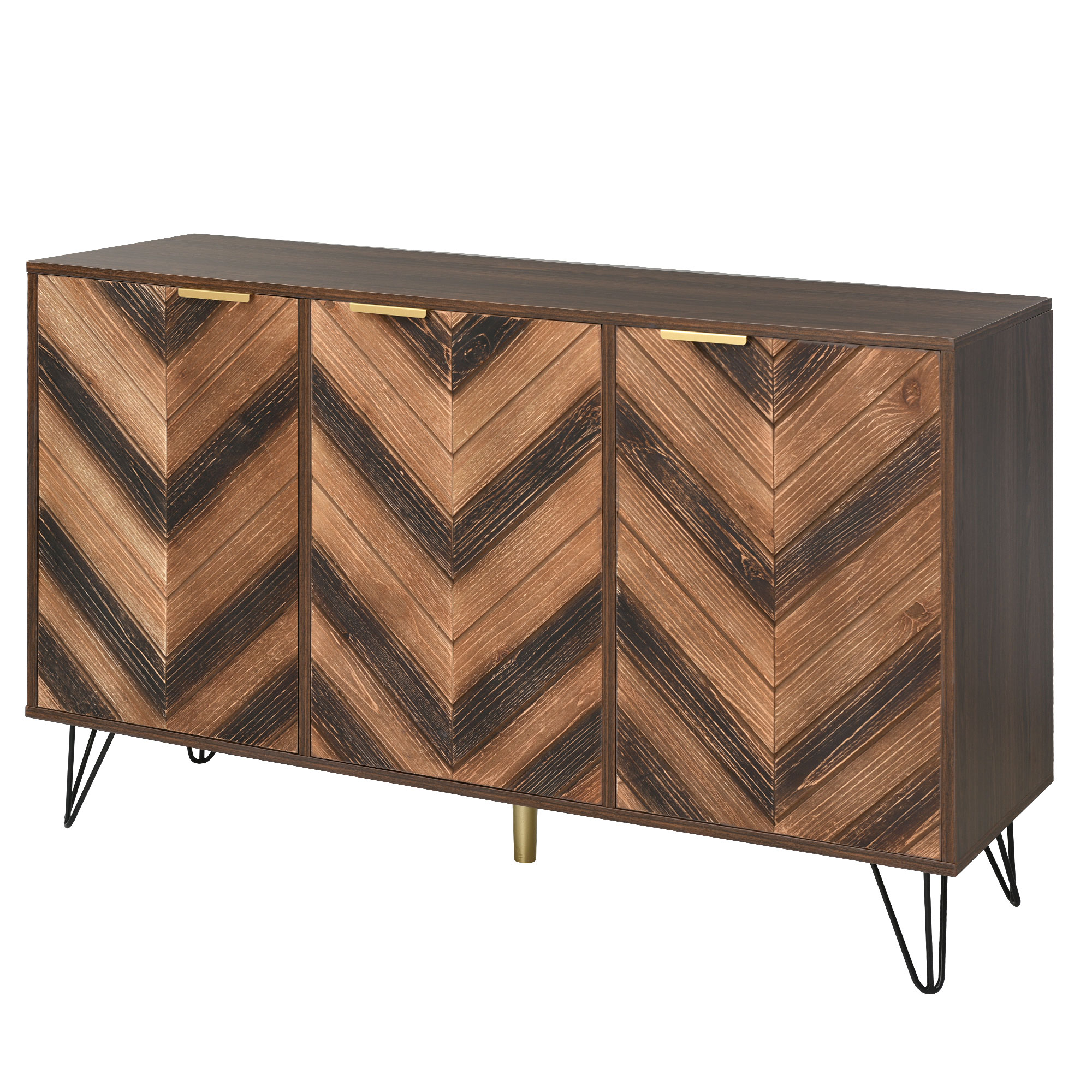 Buffet 3 portes 120×38×76,5 cm, poignées dorées, finition bois naturel, chaque porte avec compartiment et étagère réglable, design élégant moderne, beaucoup d'espace de rangement, pour salon et salle à manger - image 7
