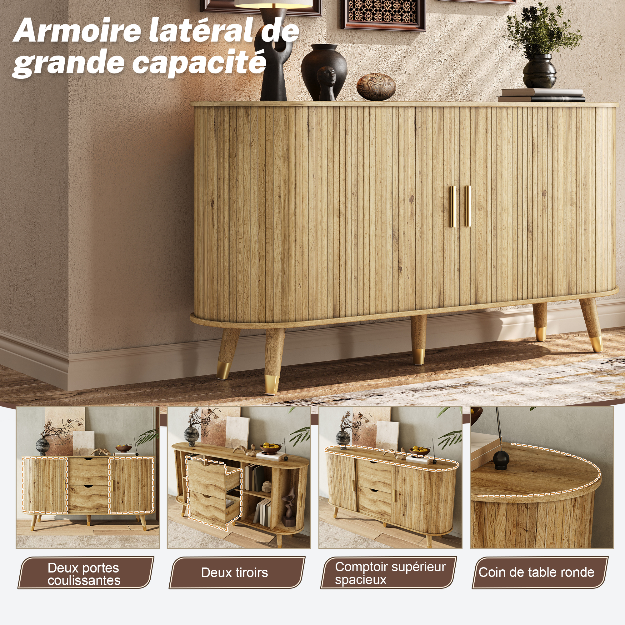 Buffet bas 140 cm, meuble de rangement avec 2 portes coulissantes, 2 tiroirs, étagères réglables, MDF, Effet bois naturel