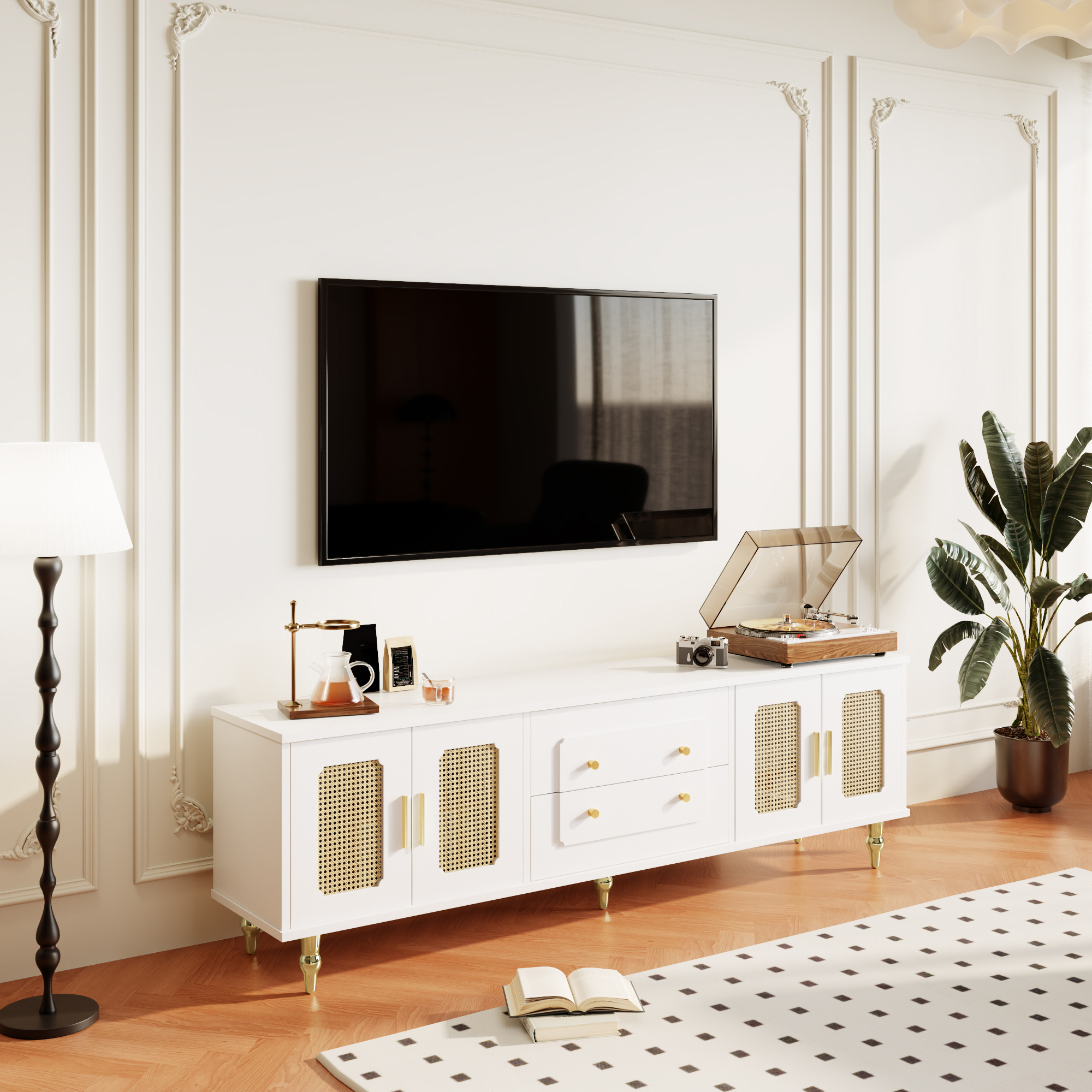 Meuble TV, rangement intégré, détails en rotin, 175 x 38 x 55,5 cm, panneaux de particules et métal, blanc - vue 2
