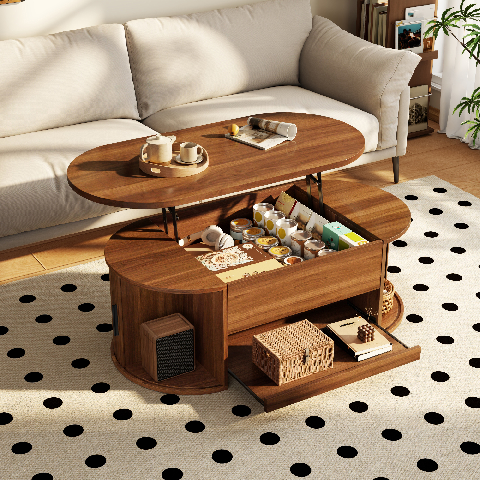Table basse effet noyer 110 x 55 x 55 cm avec double plateau relevable, rangements et portes coulissantes