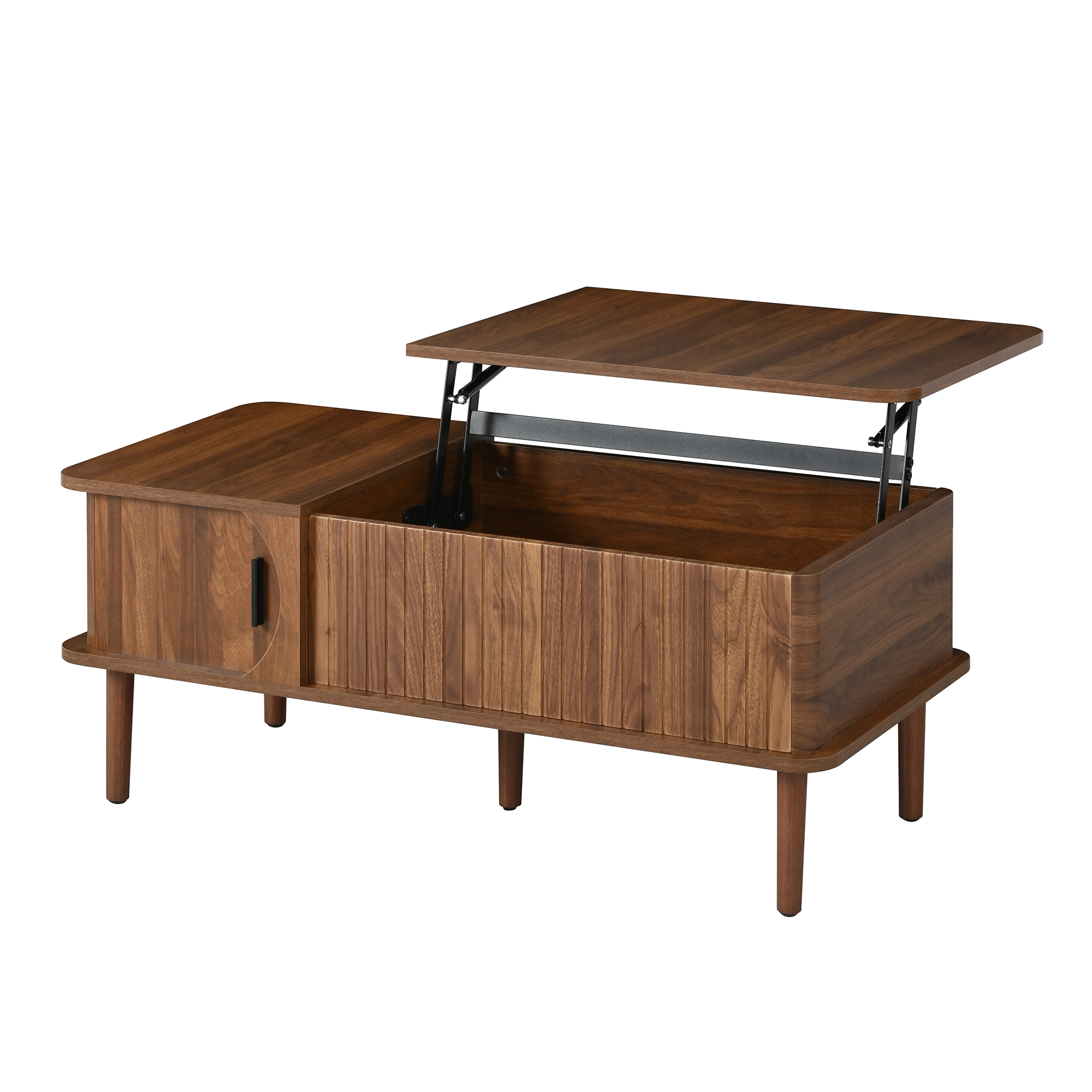 Table basse ronde, table de salon 100 x 48 x 55,5 cm avec plateau relevable, façades rainurées, MDF, Effet noyer