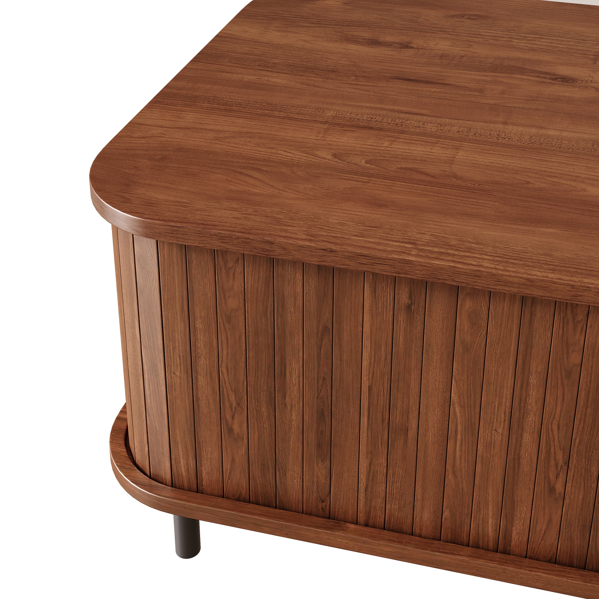 Table basse ronde, table de salon 120 x 55 x 45 cm avec portes coulissantes, façades à lattes, panneaux de particules et MDF, Effet noyer