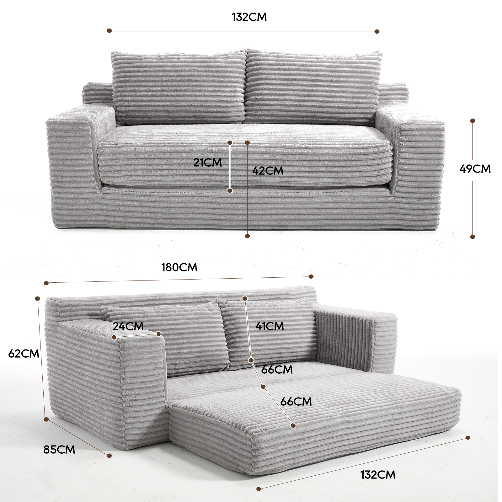 Canapé 2 places, convertible, en tissu, Gris clair - détails