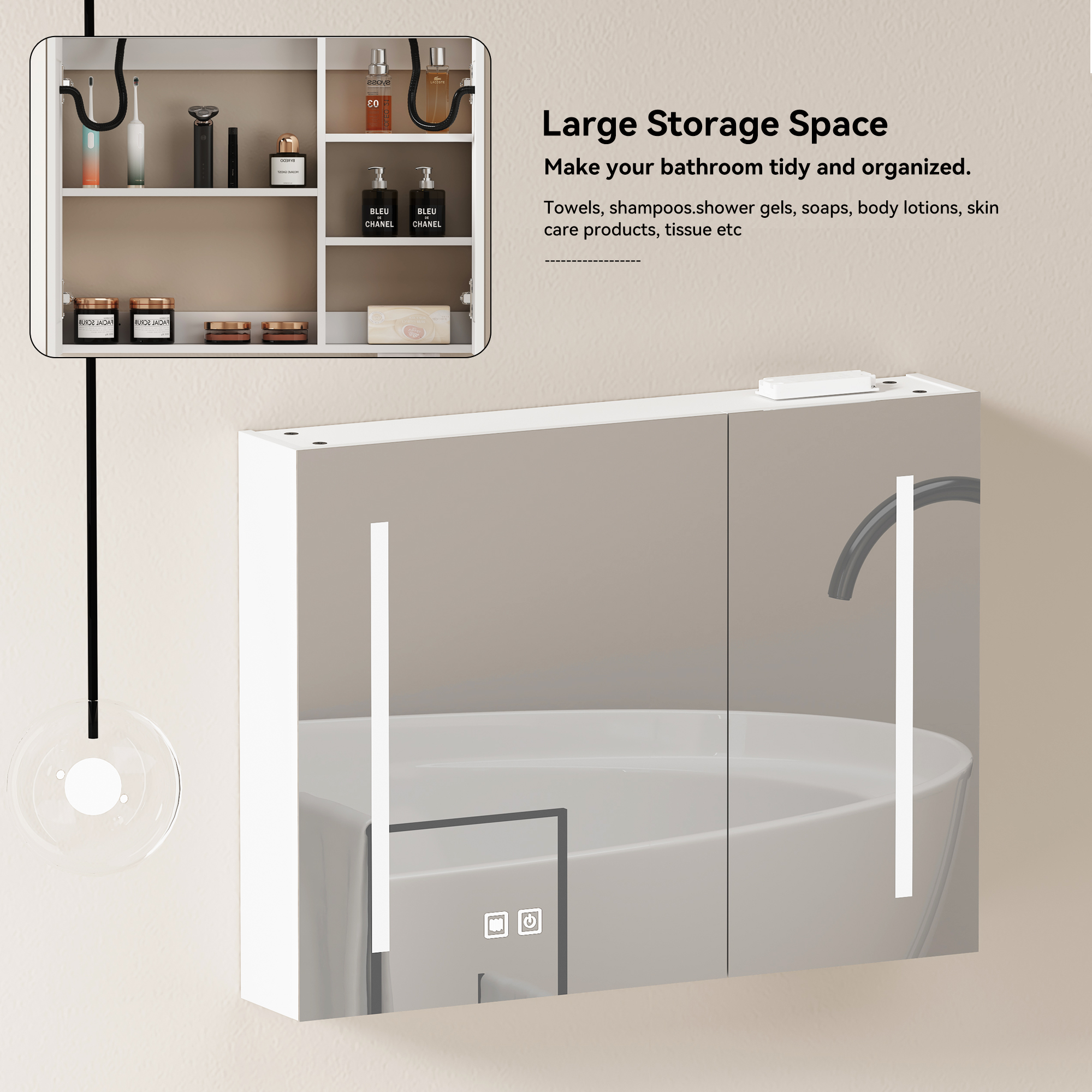 Armoire de toilette avec miroir, rangement intégré, éclairage led, 80 x 14 x 60 cm, verre et MDF, blanc - vue 3