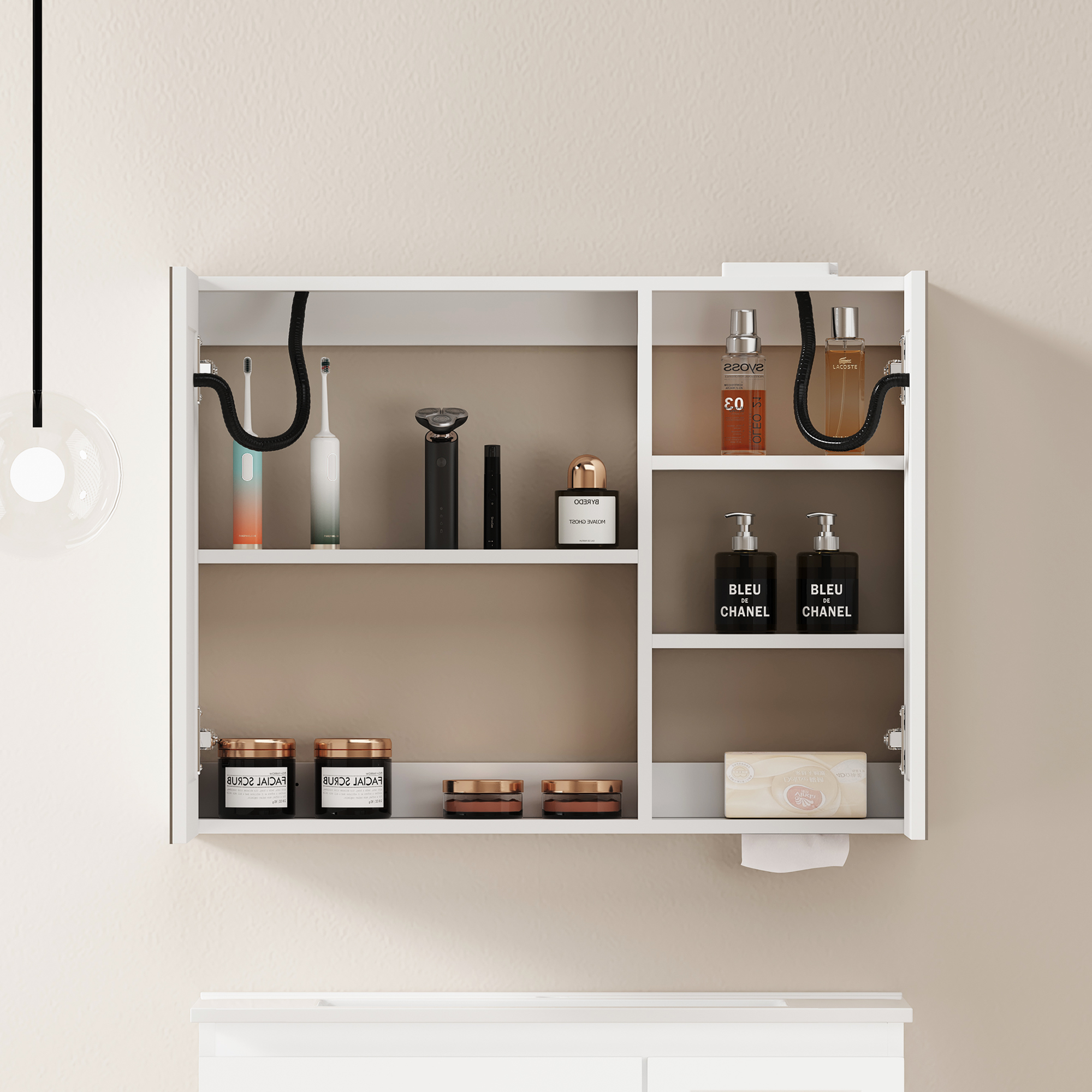 Armoire de toilette avec miroir, rangement intégré, éclairage led, 80 x 14 x 60 cm, verre et MDF, blanc - vue 4