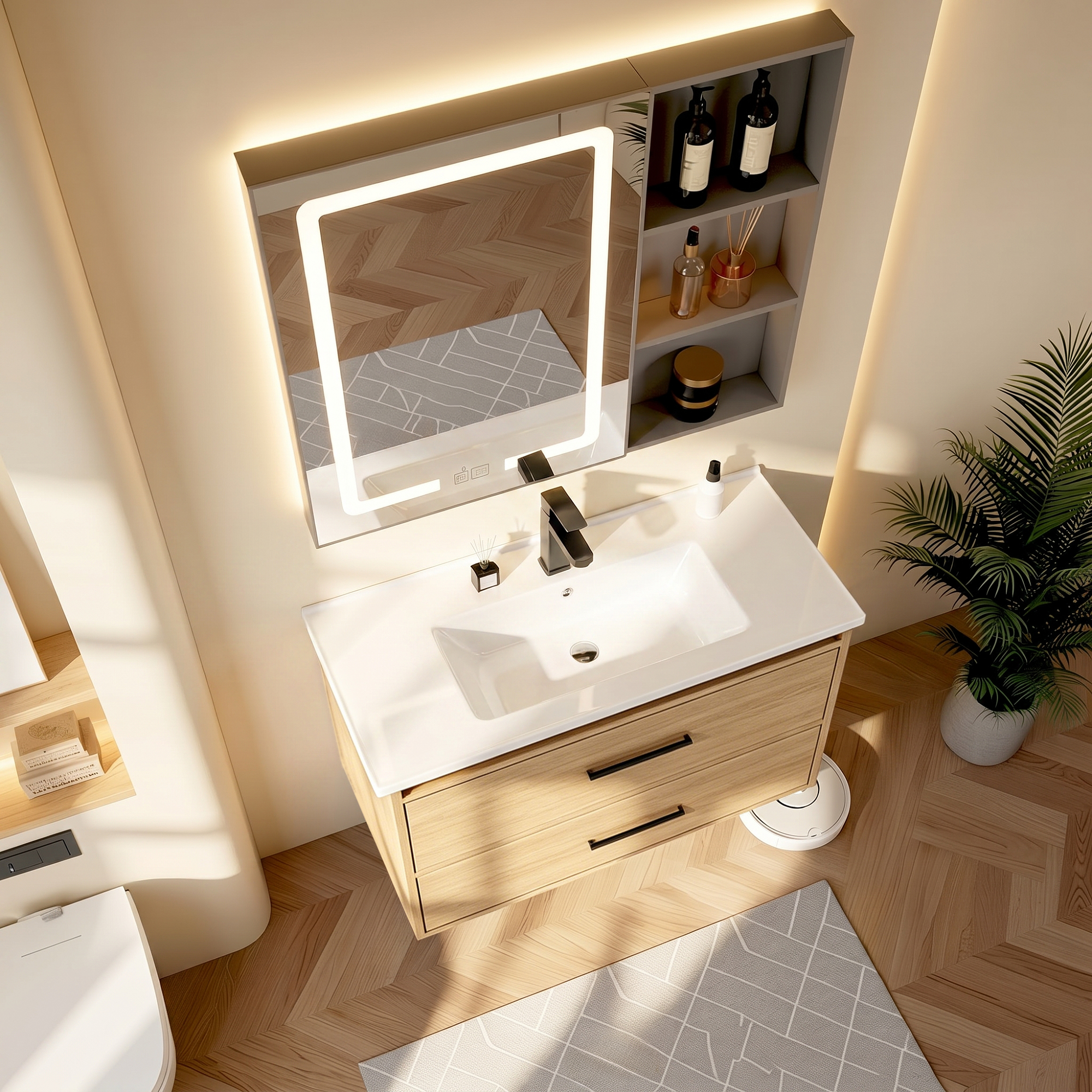 Meuble de salle de bains, rangement intégré, avec tiroirs, céramique et MDF, chêne - vue 3