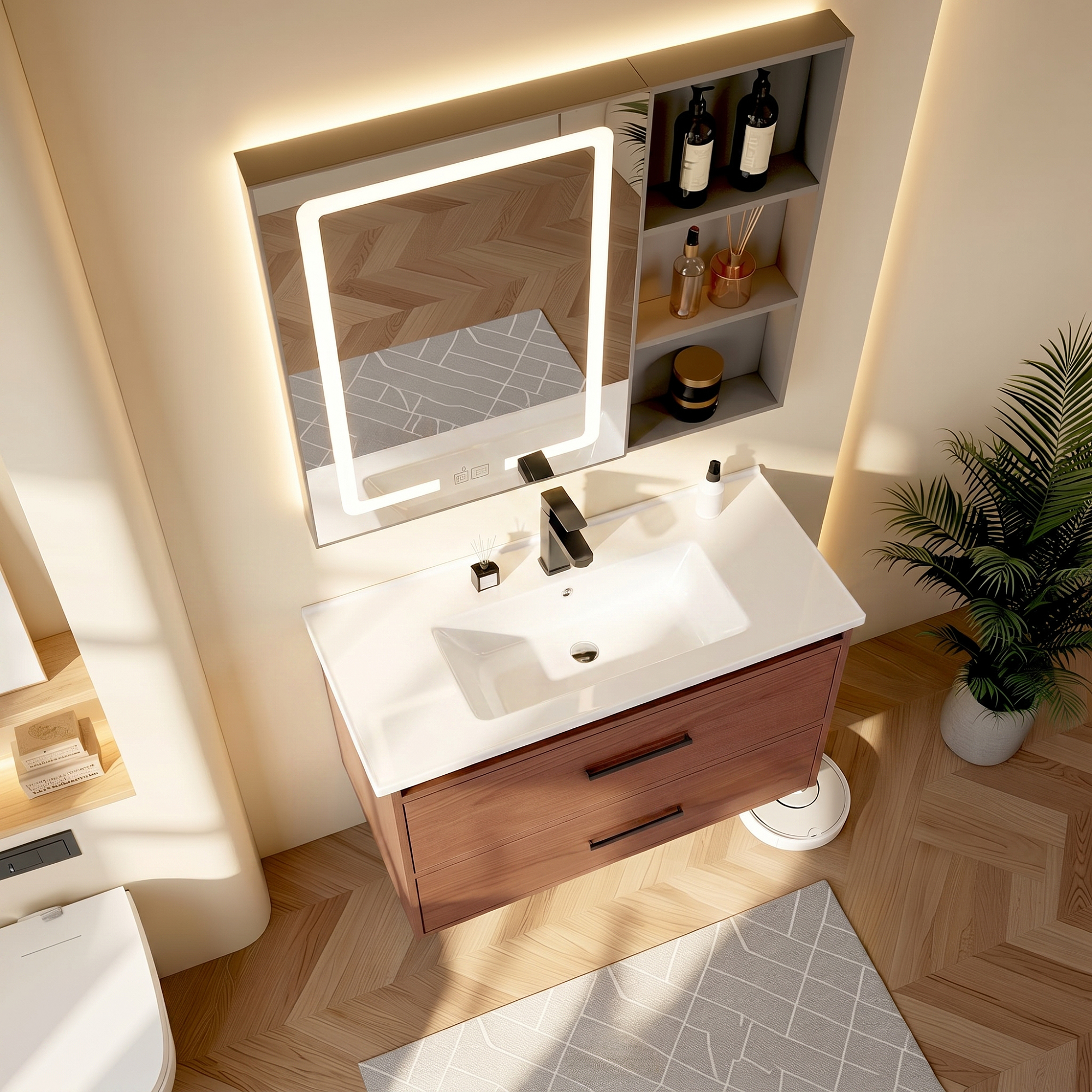 Meuble de salle de bains, rangement intégré, avec tiroirs, MDF, marron - vue 3