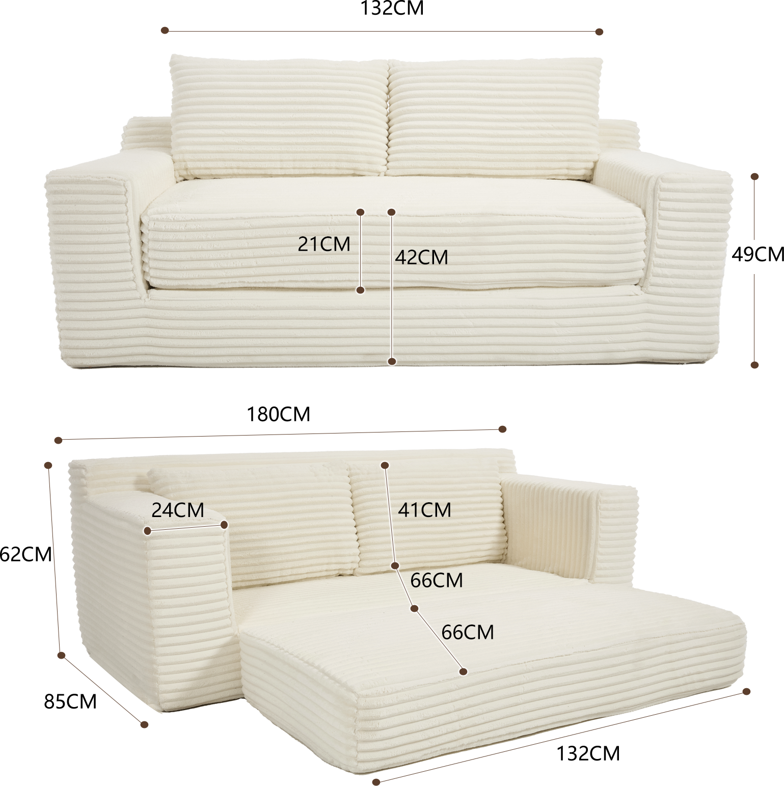 Canapé 2 places, convertible, en tissu, Blanc - détails
