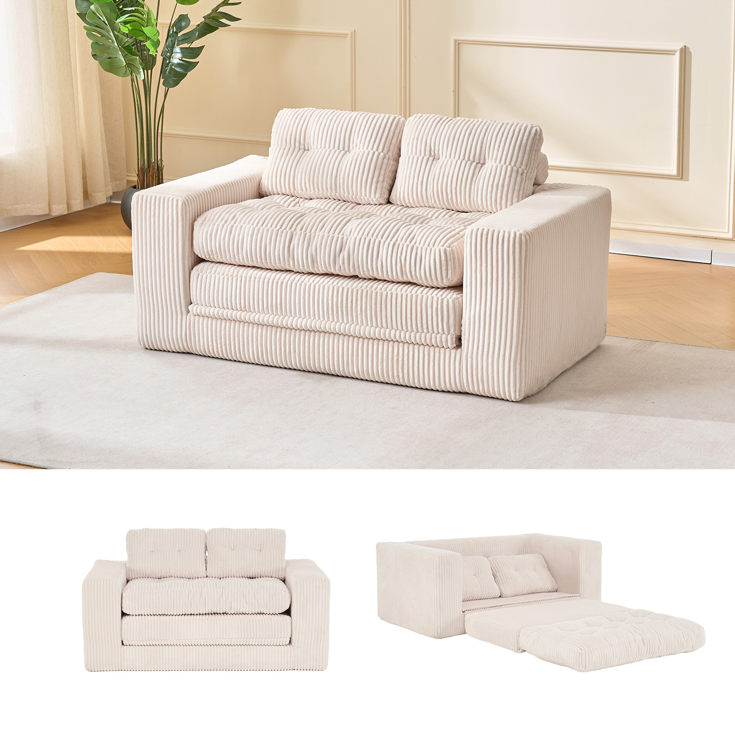 Canapé convertible, tissu, beige - vue 1