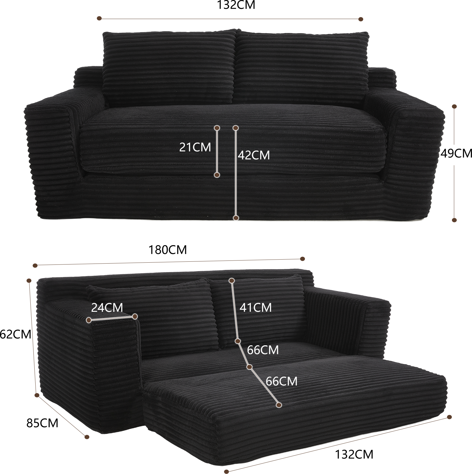 Canapé 2 places, convertible, en tissu, Noir - détails