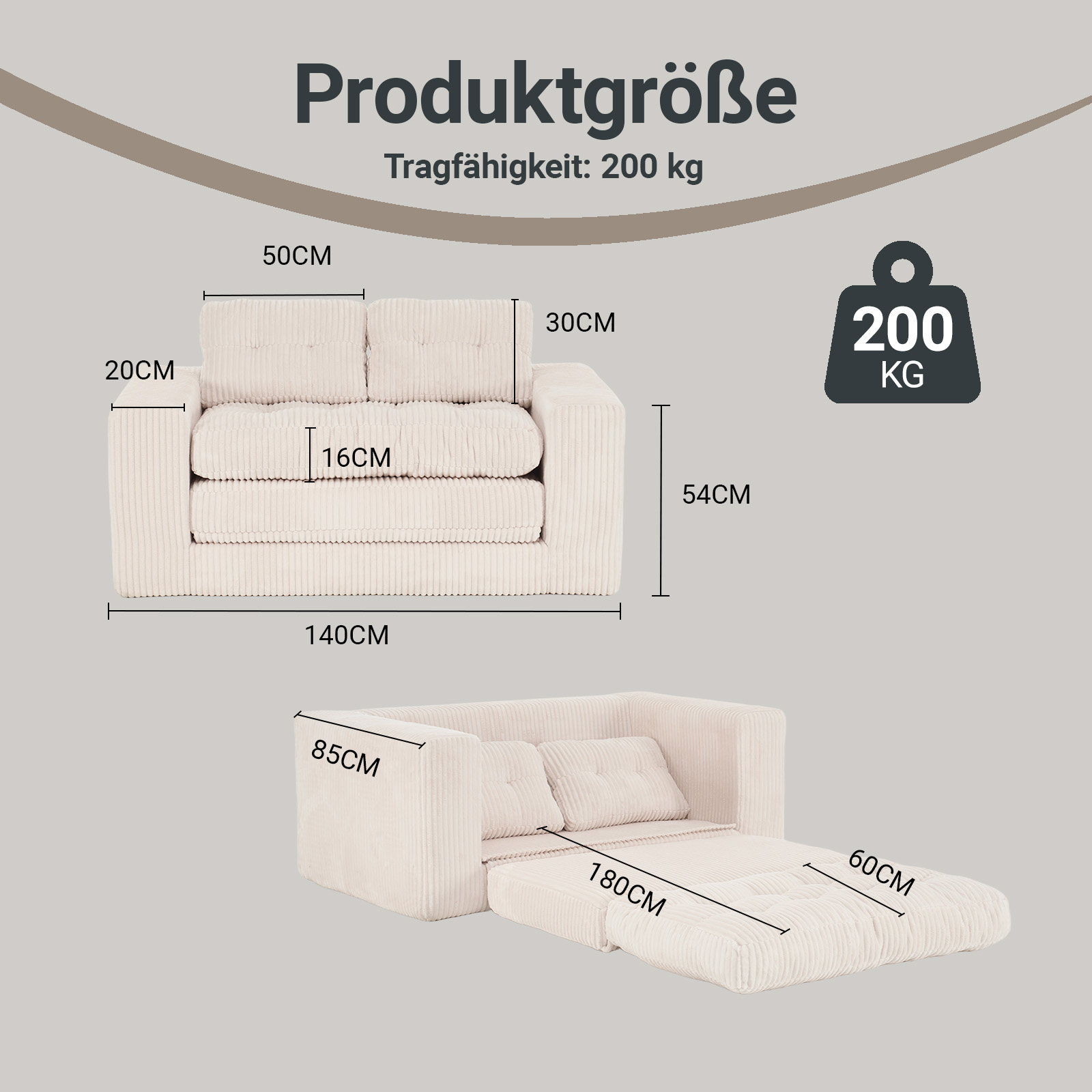 Canapé convertible, tissu, beige - vue 6
