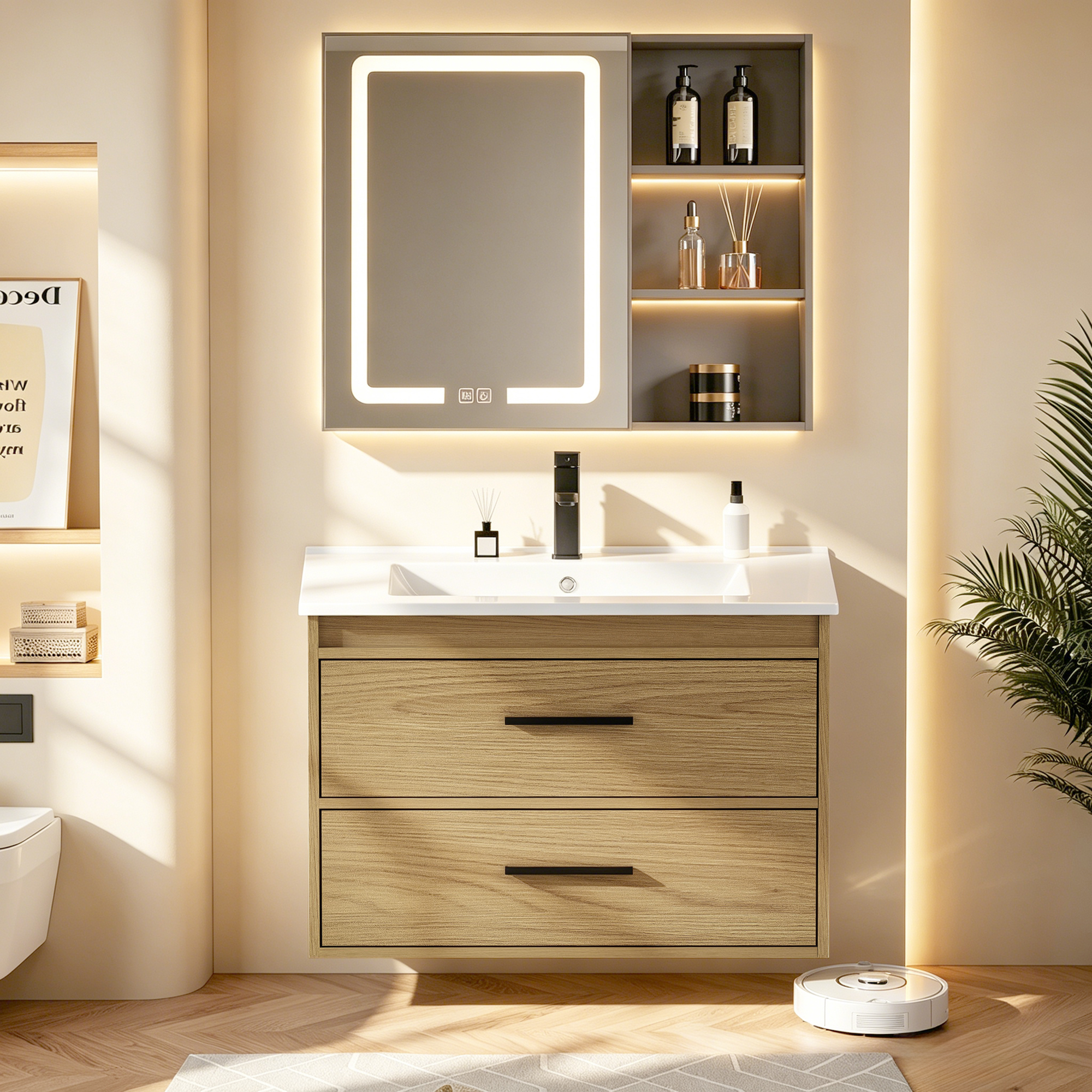 Meuble de salle de bains, rangement intégré, avec tiroirs, céramique et MDF, chêne - vue 1