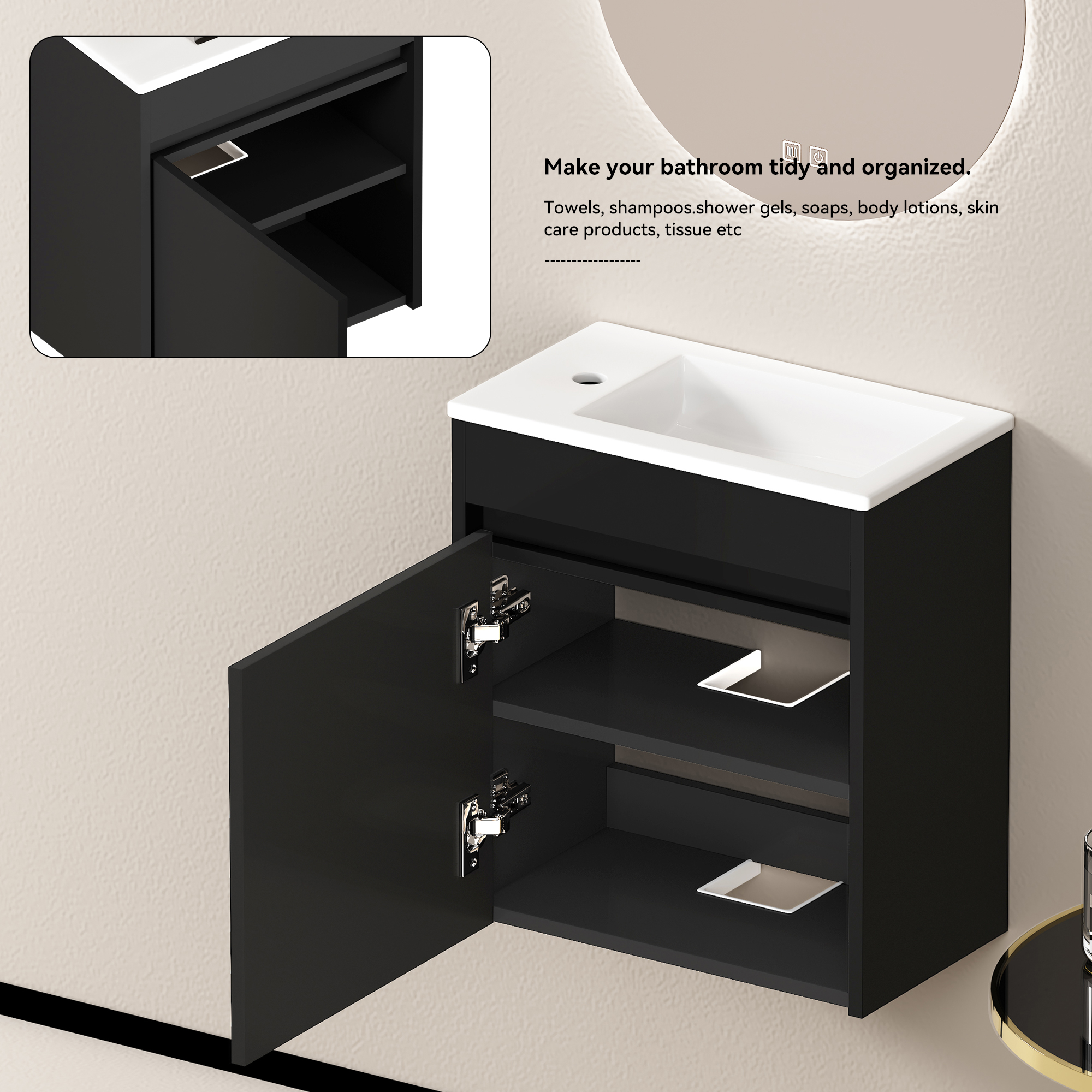 46 cm schwarzer Badezimmerschrank mit reichlich St