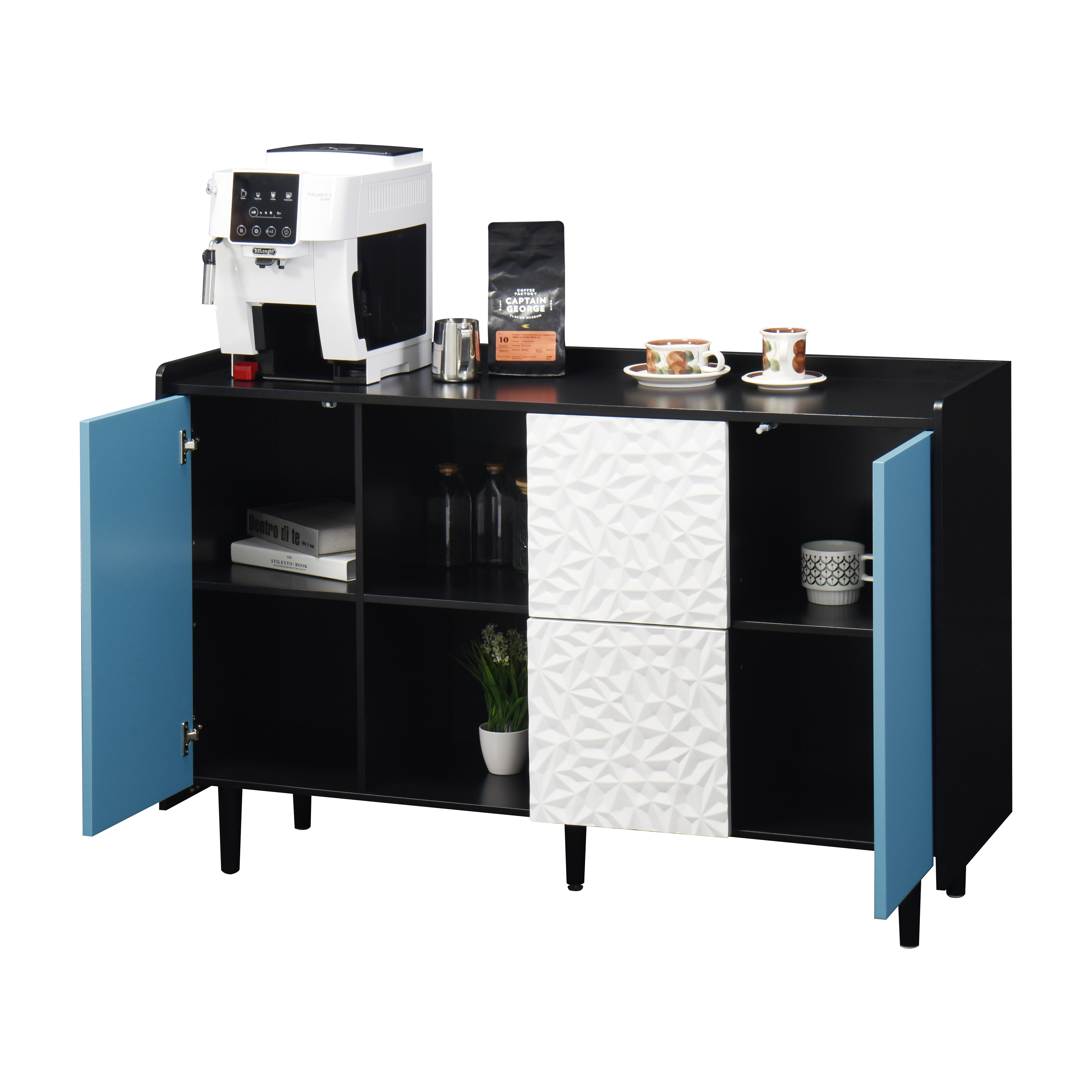 Buffet de cuisine noir, étagères ouvertes, 2 tiroirs, placard fermé, multifonction, pour salle à manger, bureau et salon, beaucoup de rangement, accès facile, rangement caché, design moderne et pratique - image 13