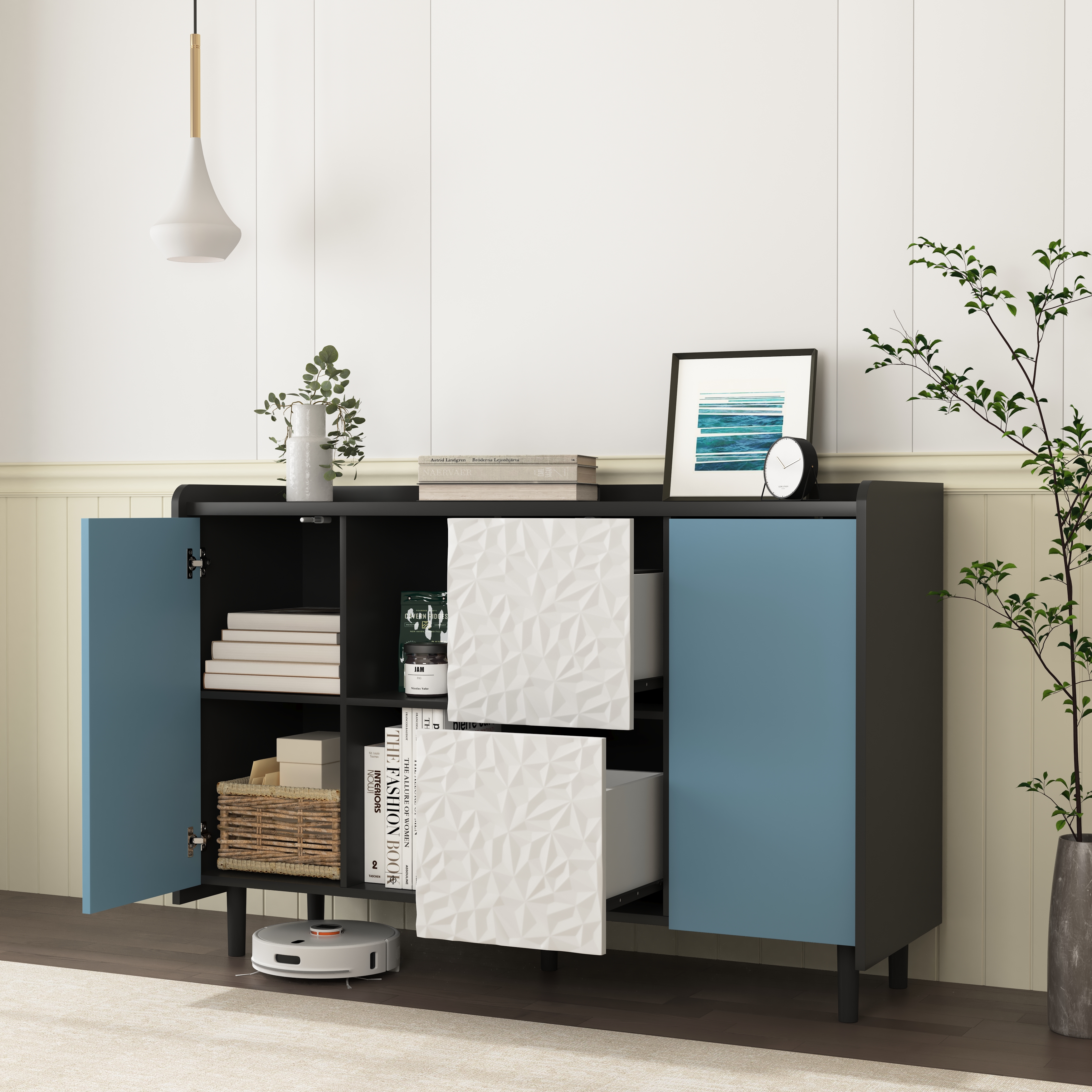 Buffet de cuisine noir, étagères ouvertes, 2 tiroirs, placard fermé, multifonction, pour salle à manger, bureau et salon, beaucoup de rangement, accès facile, rangement caché, design moderne et pratique - image 3