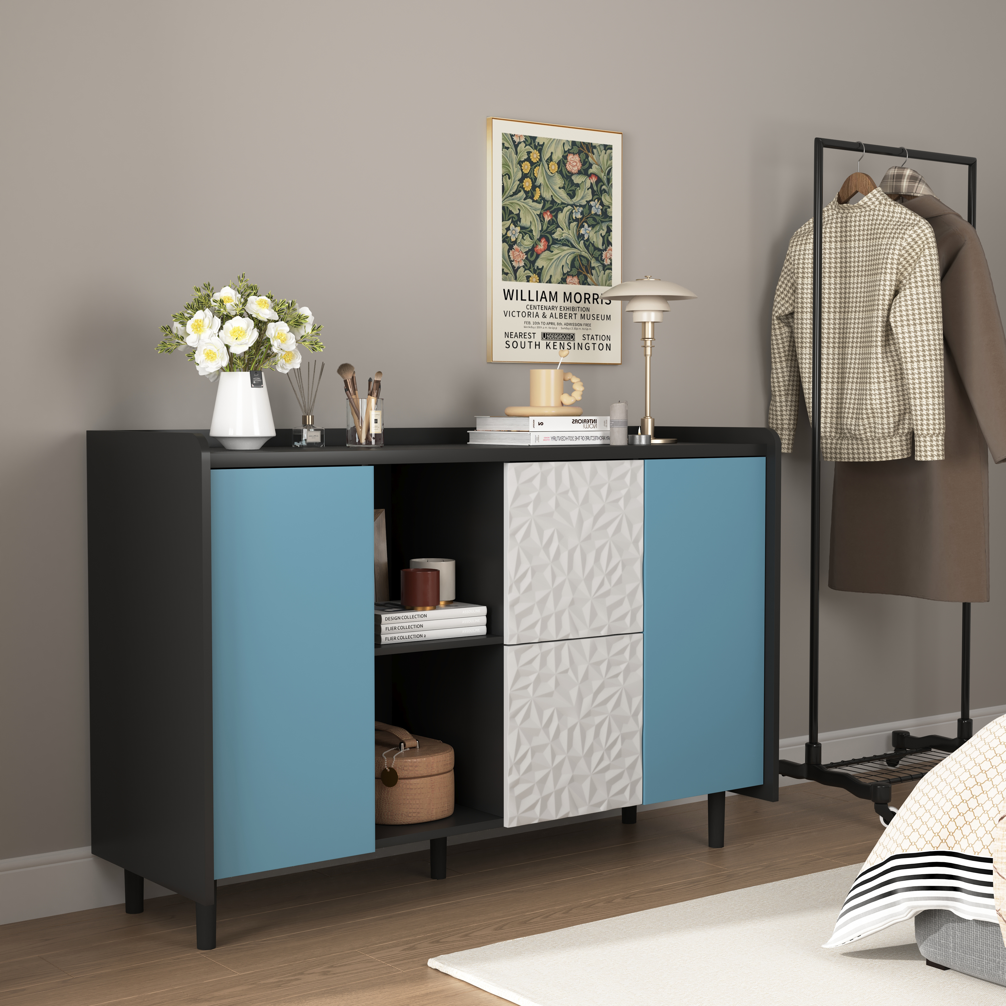Buffet de cuisine noir, étagères ouvertes, 2 tiroirs, placard fermé, multifonction, pour salle à manger, bureau et salon, beaucoup de rangement, accès facile, rangement caché, design moderne et pratique - image 6