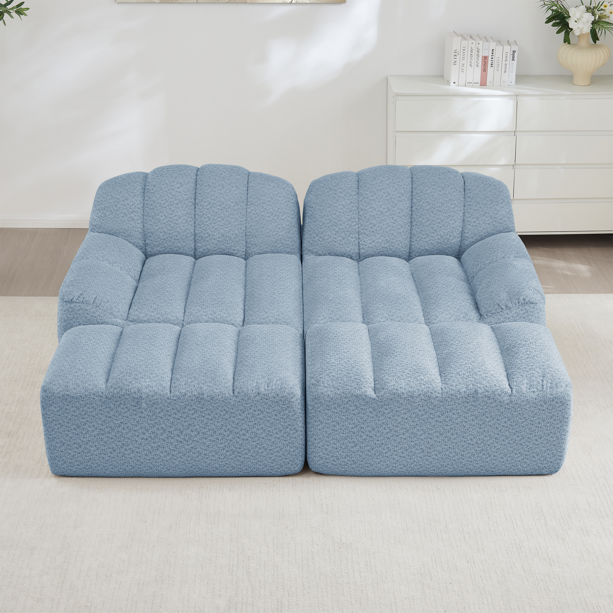 Canapé modulaire bleu 2 places avec 2 poufs en mousse 32D - vue 2