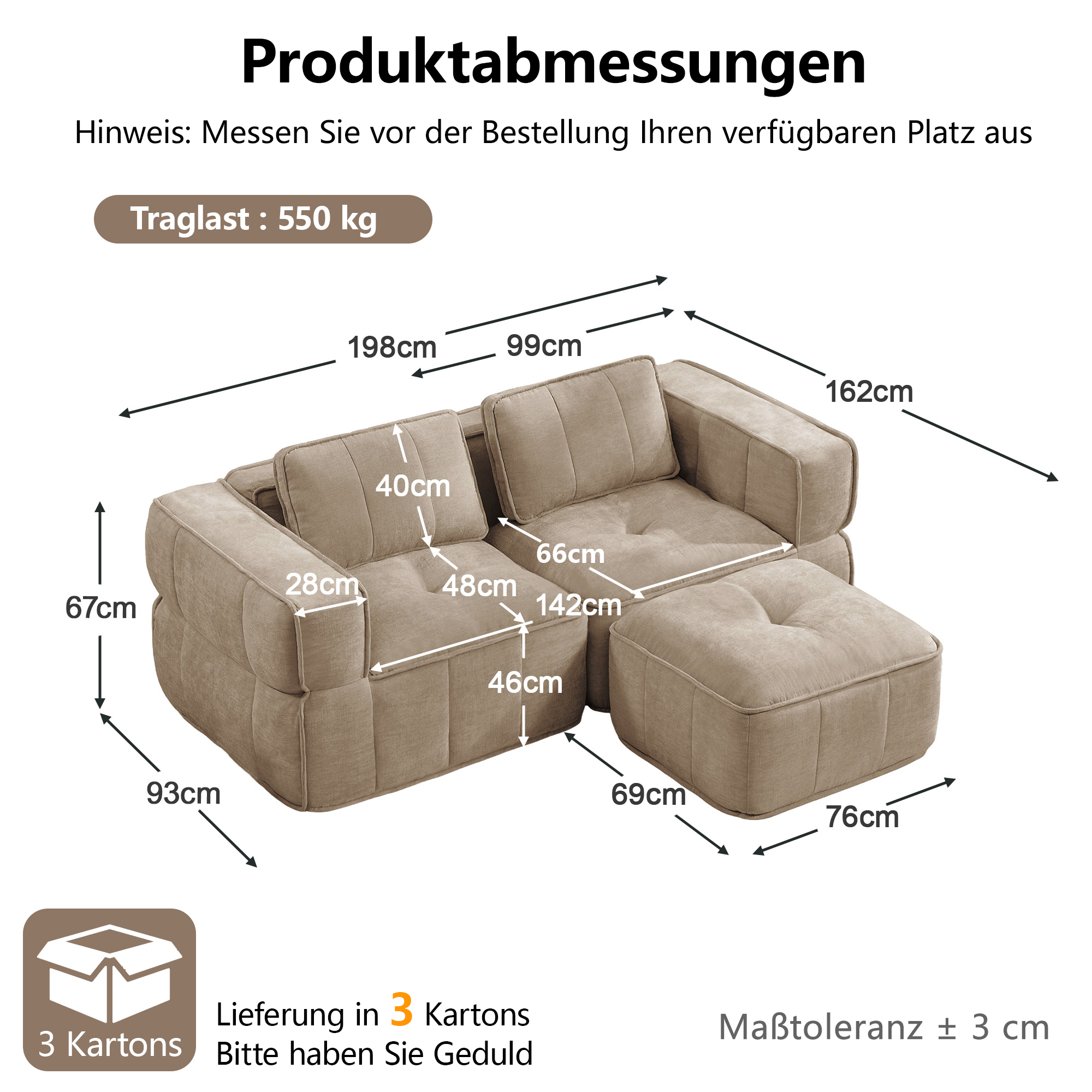 Canapé d’angle modulable en L 2 places 198 x 162 x 67 cm, avec pouf, Tissu, beige - spécifications 1