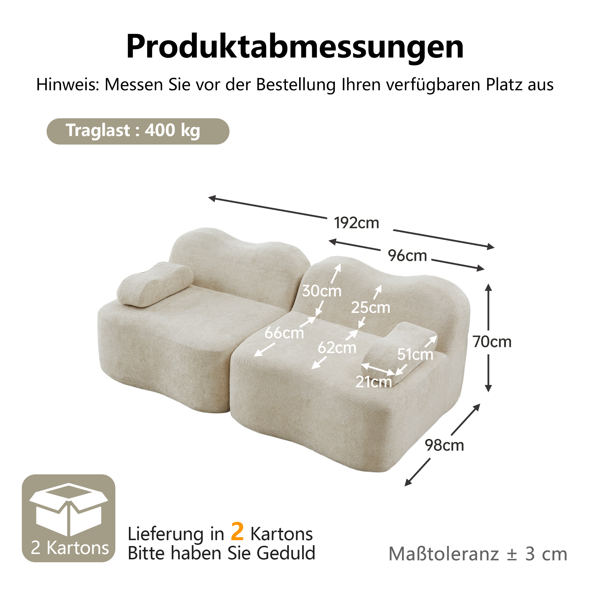 Canapé 2 places modulaire boneless en velours beige - vue 4