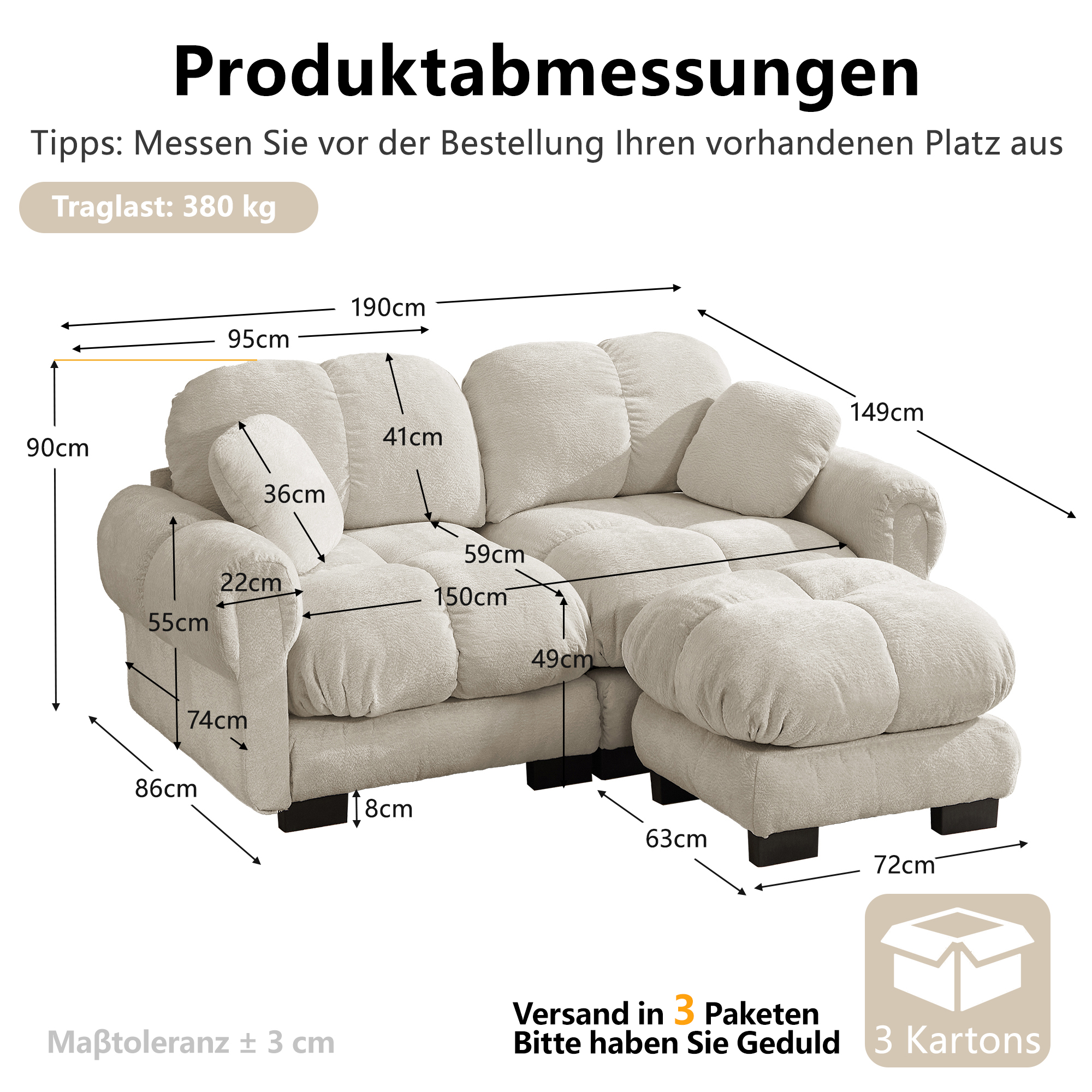 Canapé d angle L en chenille kaki clair 2 places avec pouf - vue 4